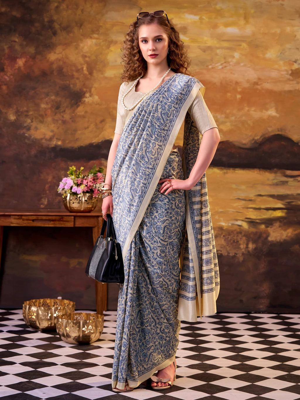 Blue Great Digital Printed Tussar Silk Casual Wear Saree With Blouse
