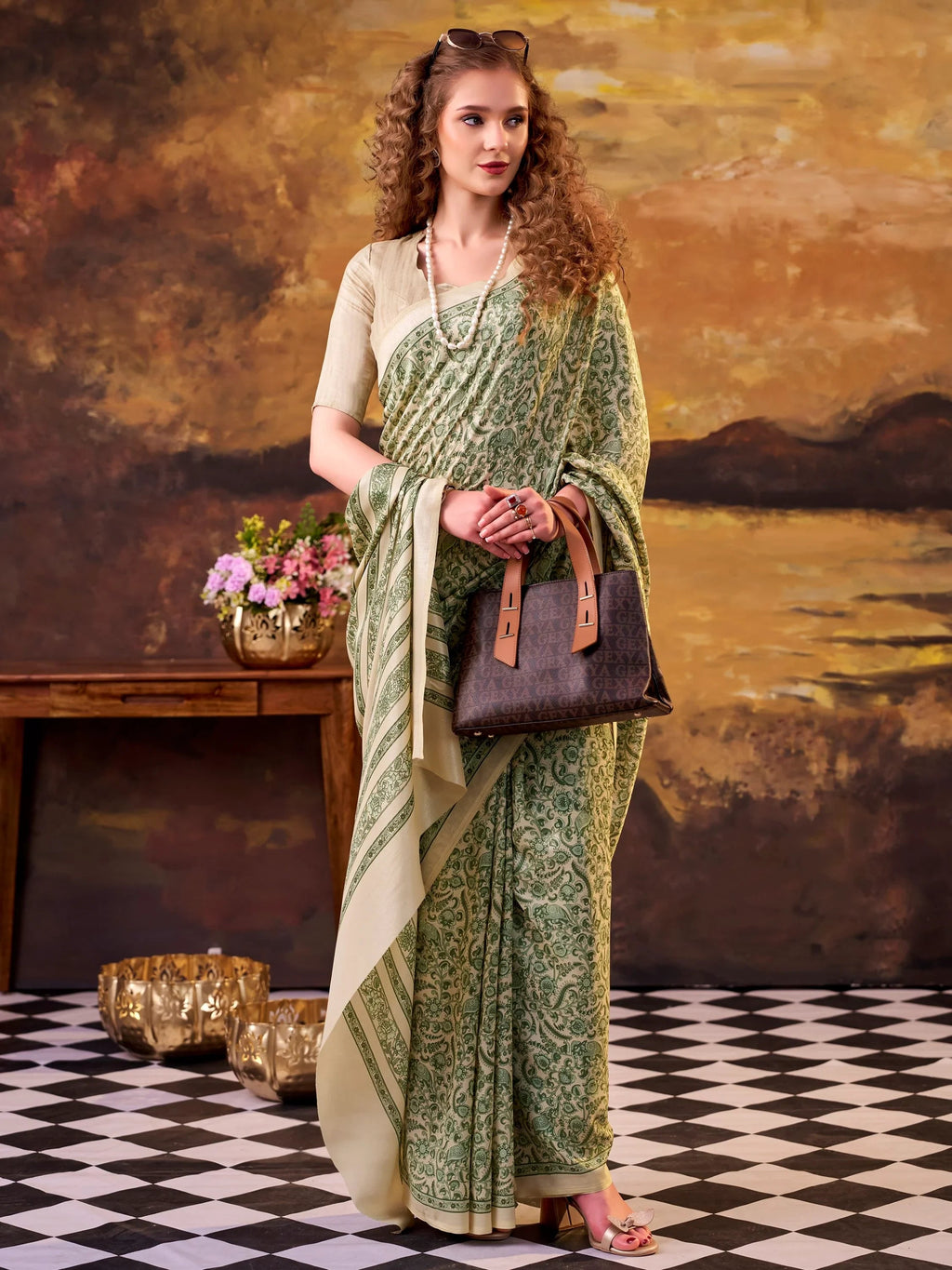 Green Great Digital Printed Tussar Silk Casual Wear Saree With Blouse