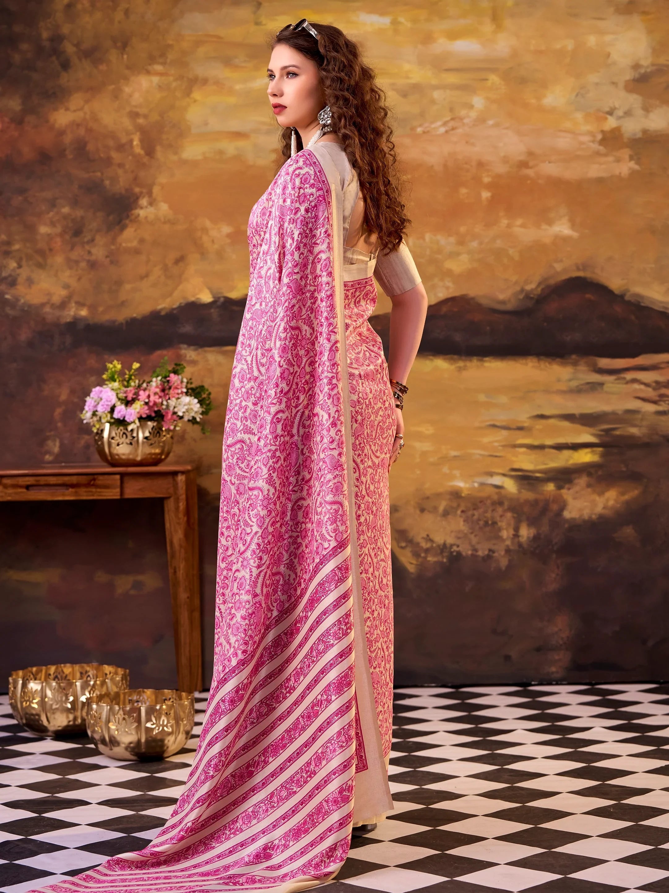 Pink Great Digital Printed Tussar Silk Casual Wear Saree With Blouse