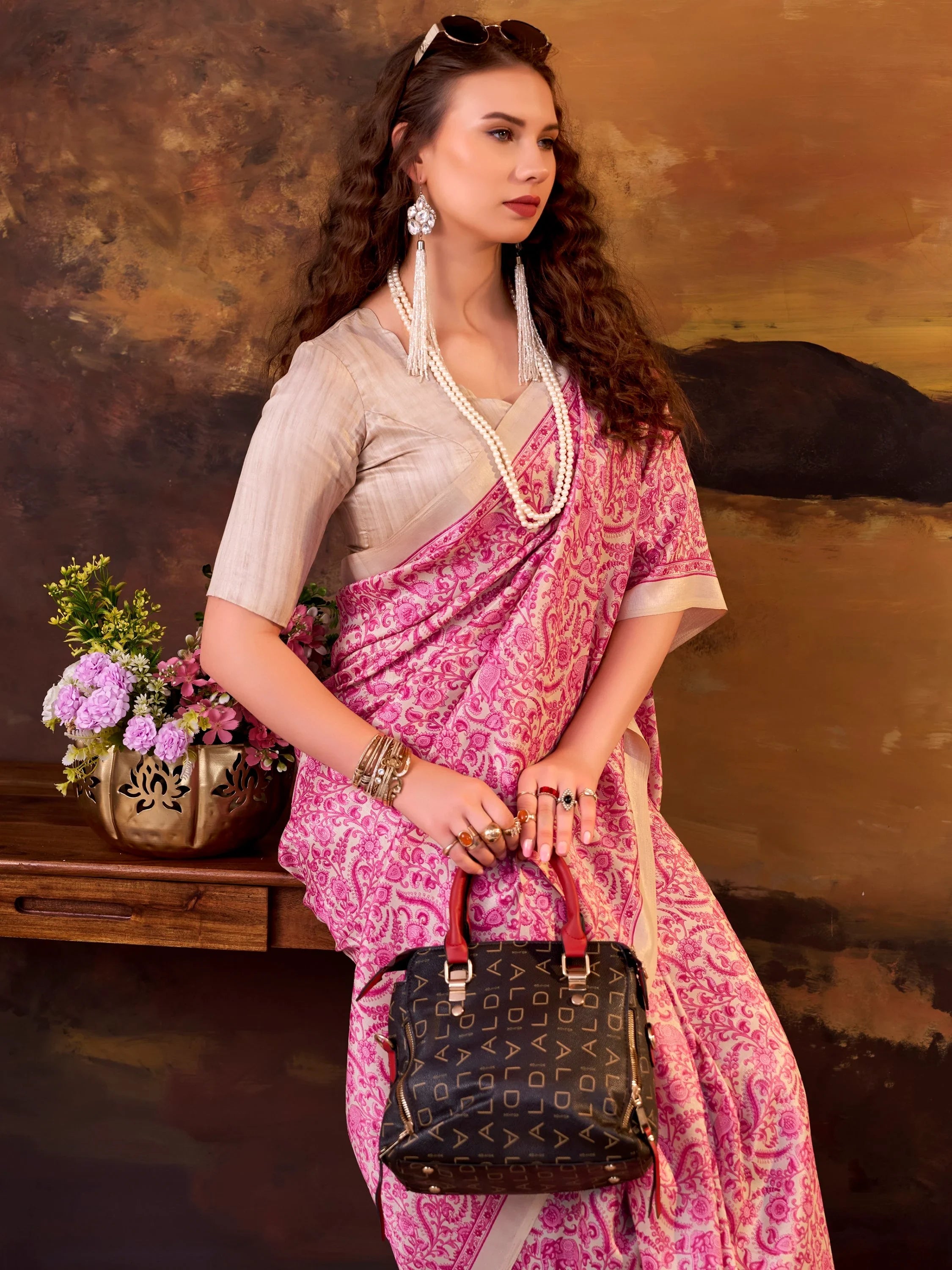Pink Great Digital Printed Tussar Silk Casual Wear Saree With Blouse