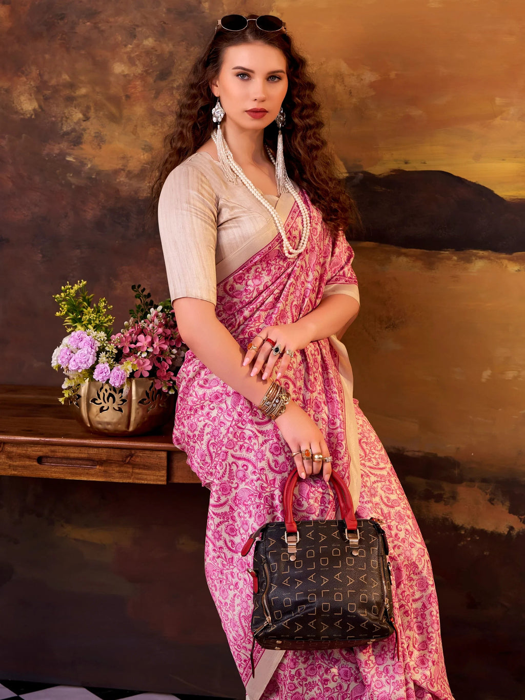 Pink Great Digital Printed Tussar Silk Casual Wear Saree With Blouse