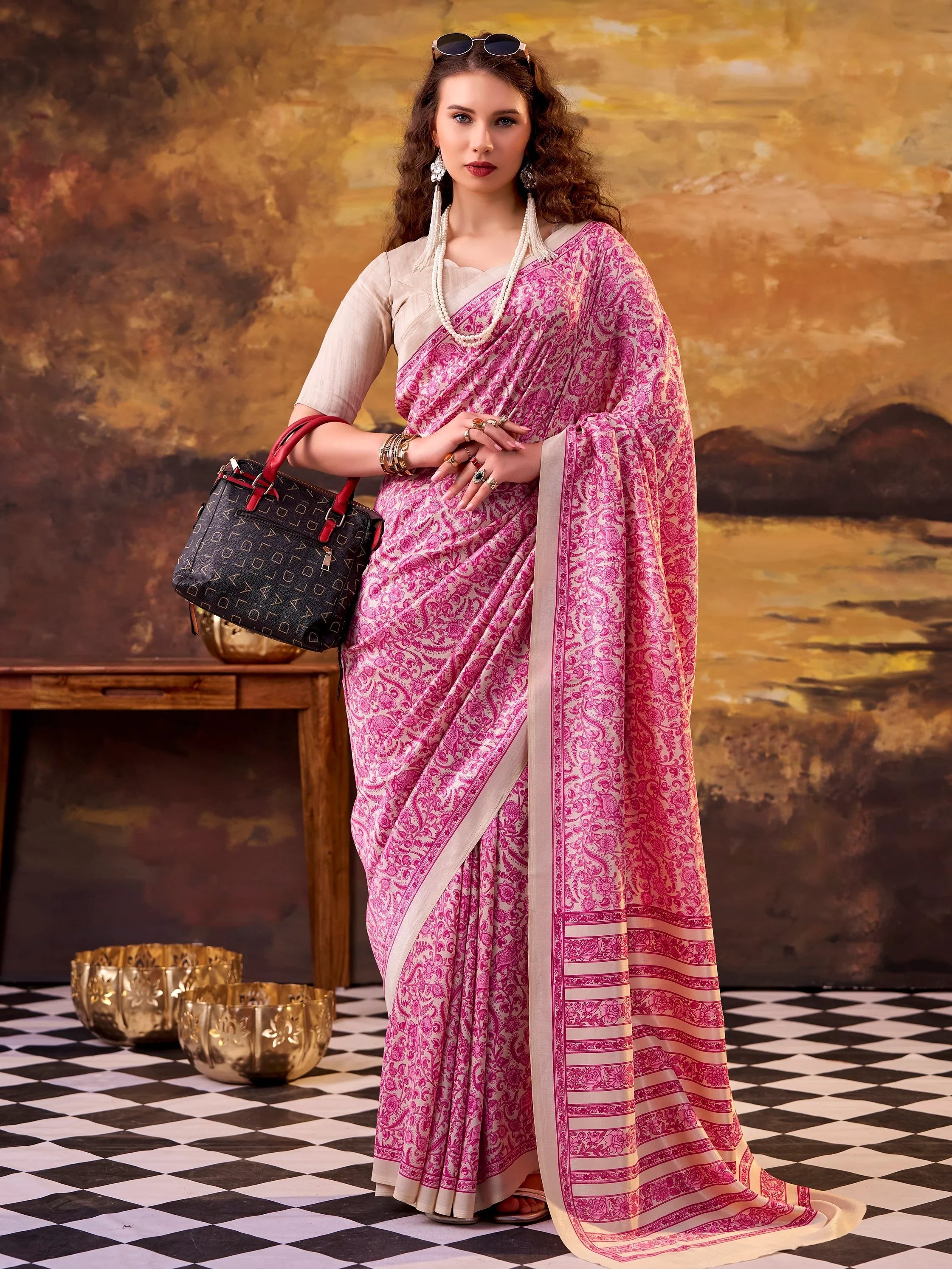 Pink Great Digital Printed Tussar Silk Casual Wear Saree With Blouse