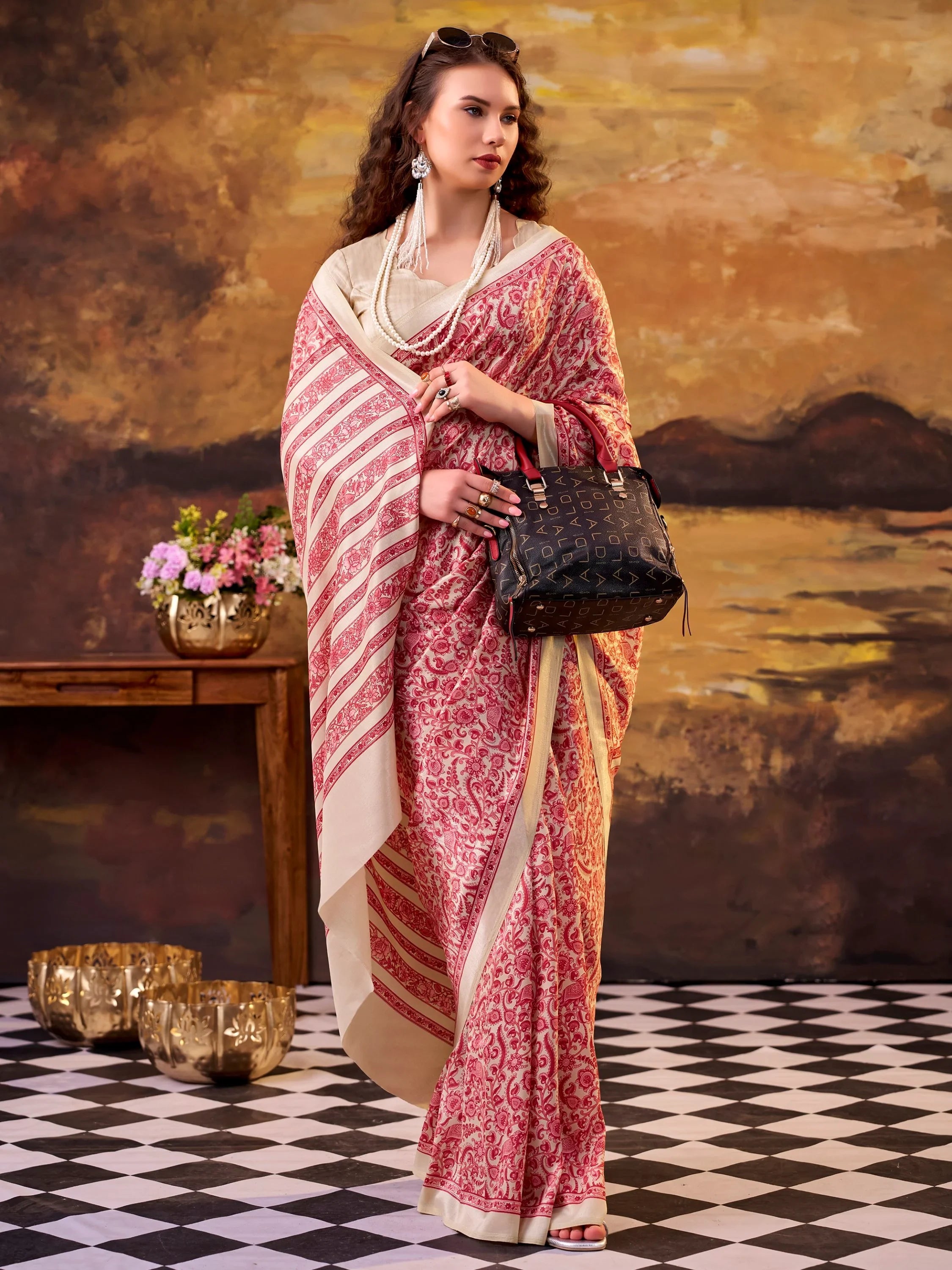 Fantastic Salmon Pink Digital Printed Tussar Silk Casual Wear Saree With Blouse