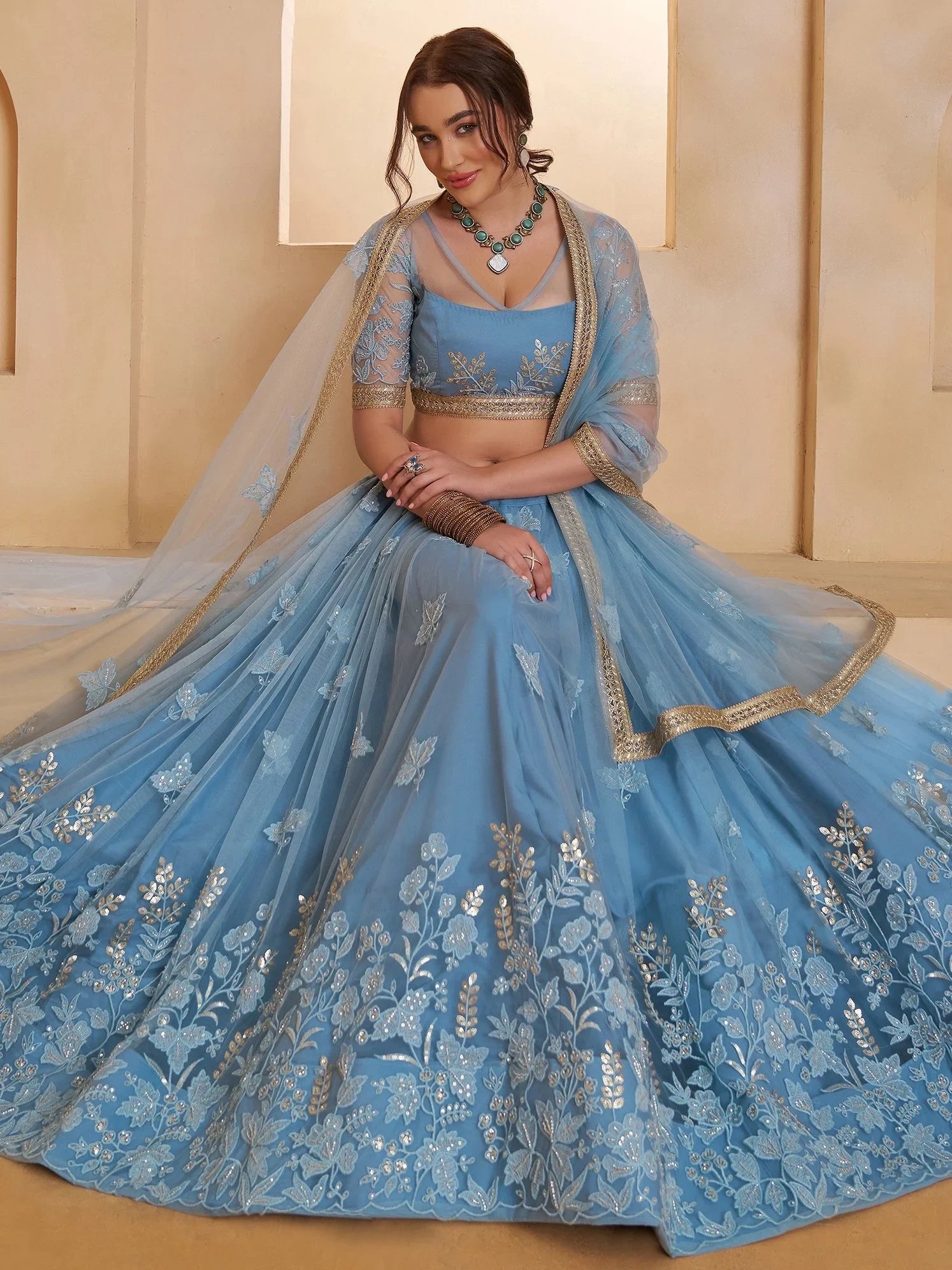 Dreamy Light Blue Sequins Net Reception Wear Lehenga Choli With Dupatta