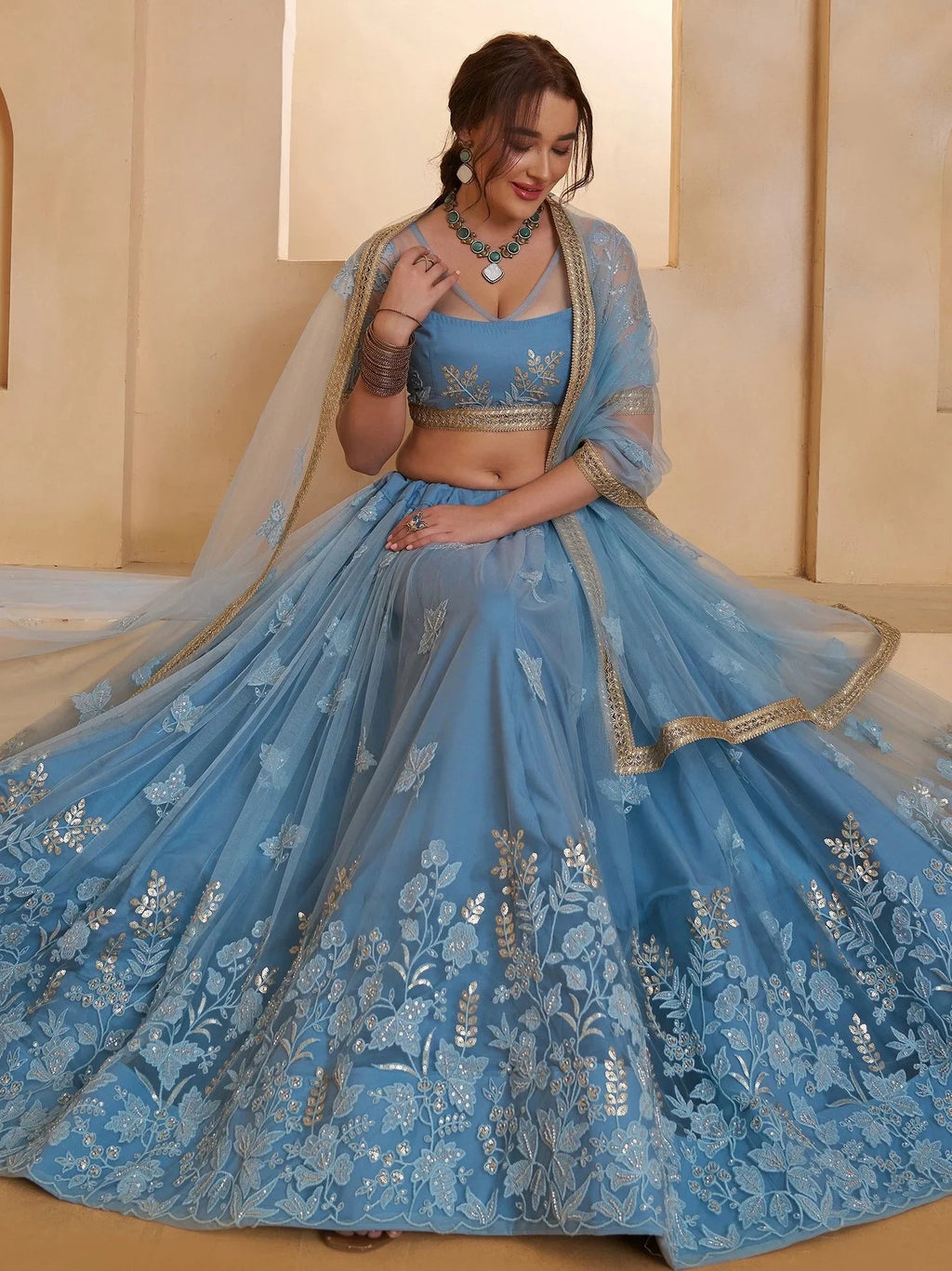 Dreamy Light Blue Sequins Net Reception Wear Lehenga Choli With Dupatta