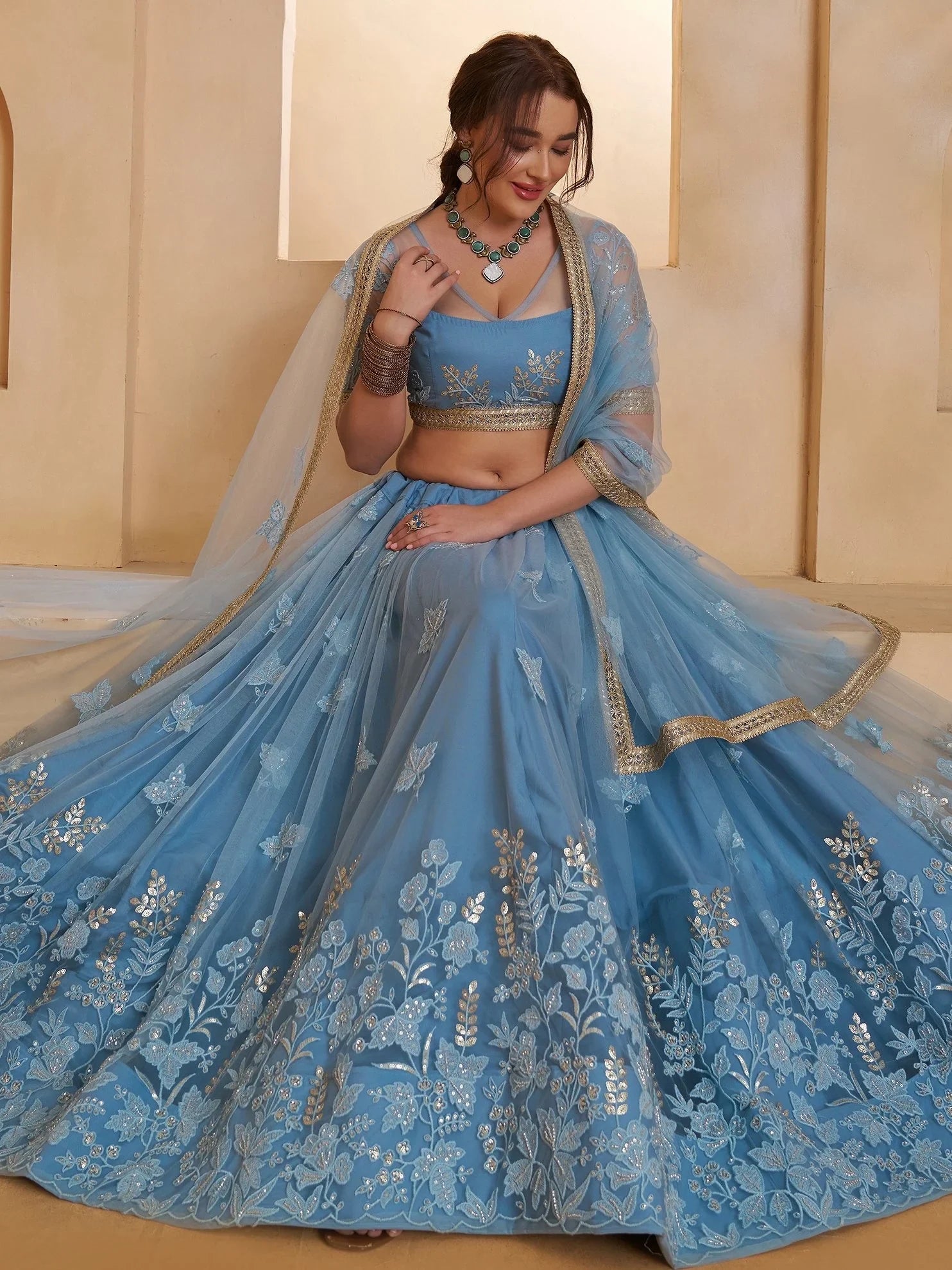 Dreamy Light Blue Sequins Net Reception Wear Lehenga Choli With Dupatta