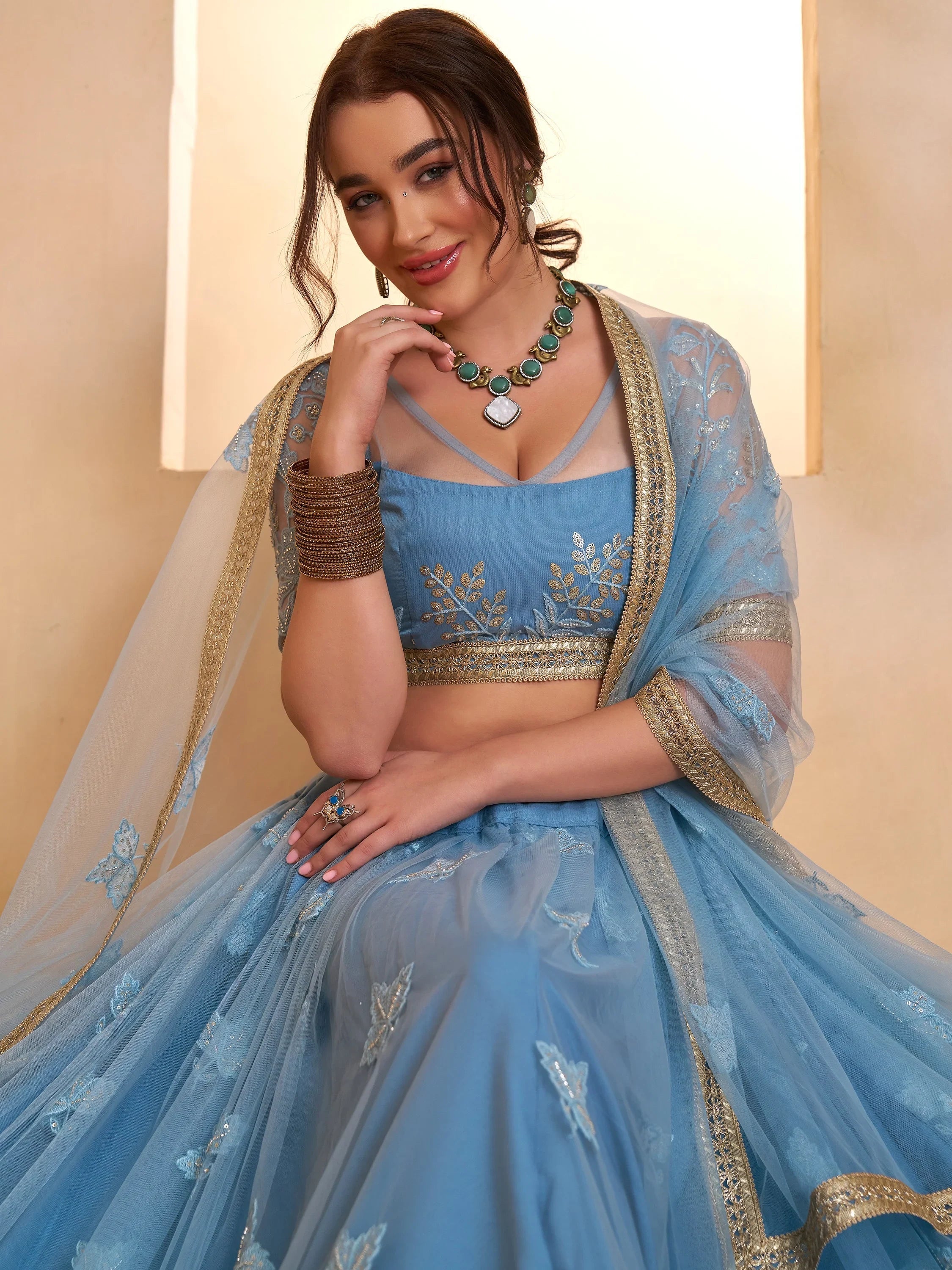 Dreamy Light Blue Sequins Net Reception Wear Lehenga Choli With Dupatta