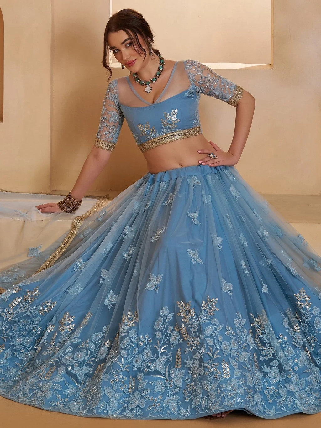 Dreamy Light Blue Sequins Net Reception Wear Lehenga Choli With Dupatta