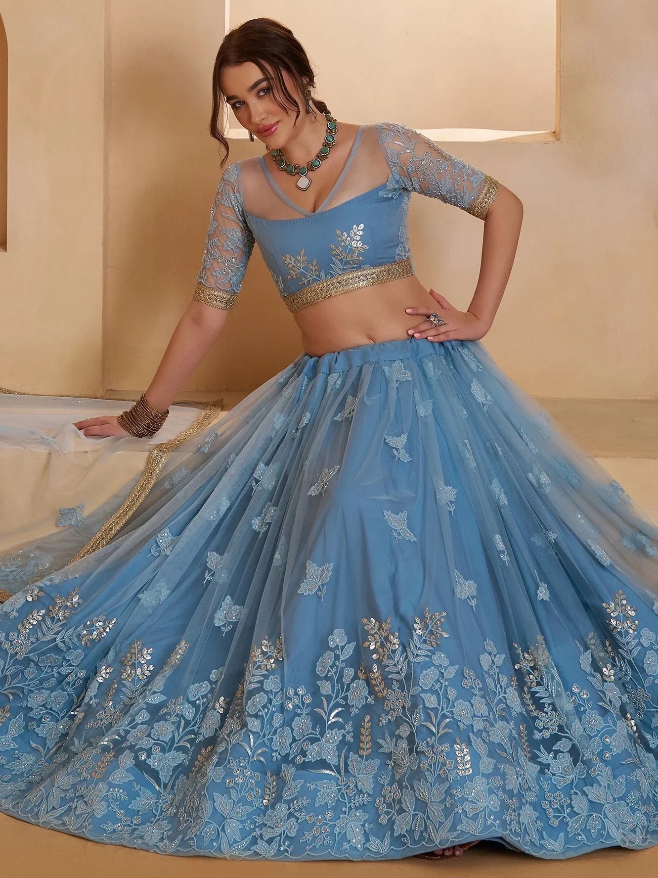 Dreamy Light Blue Sequins Net Reception Wear Lehenga Choli With Dupatta