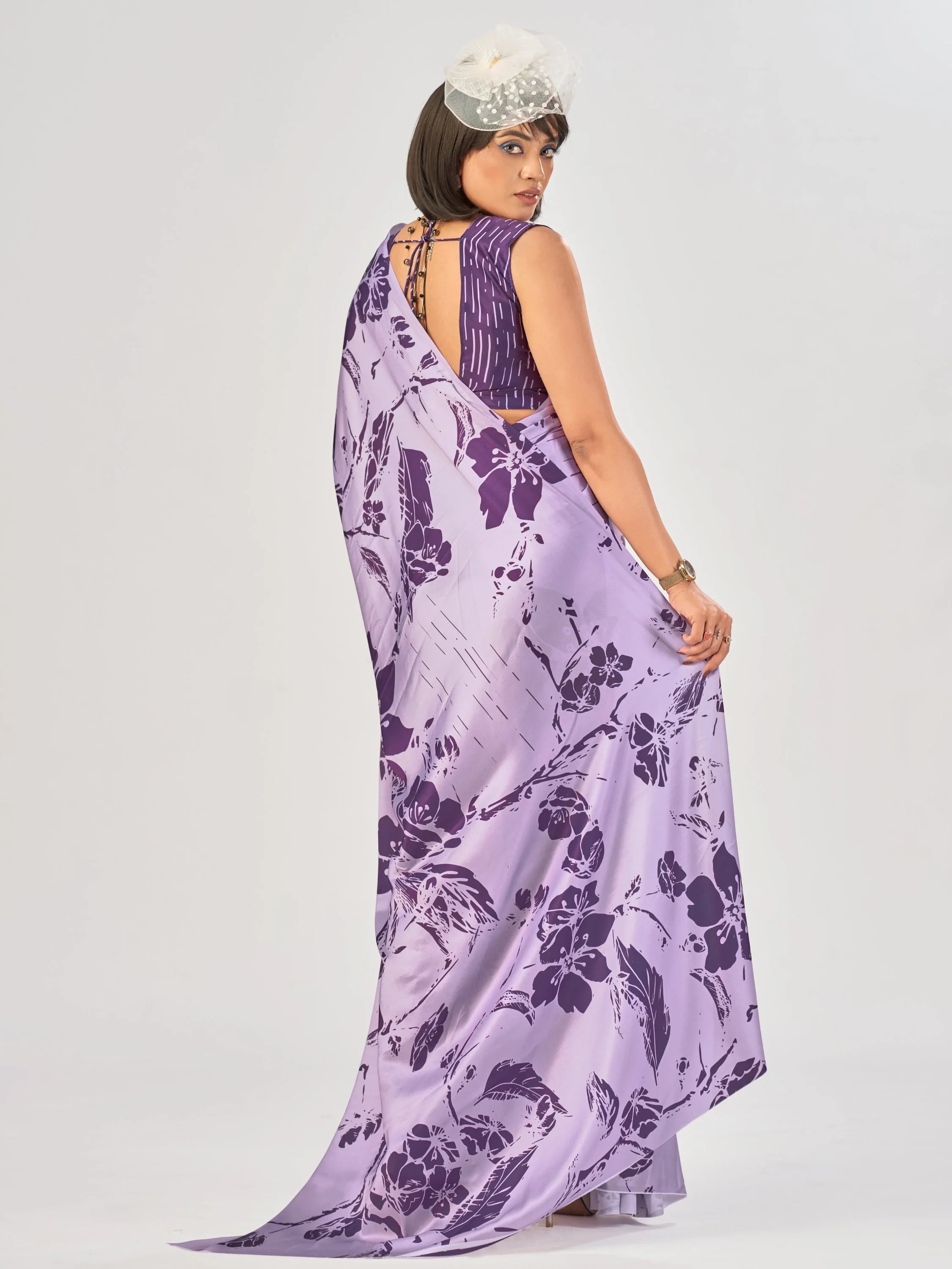 Lavender Beautiful Printed Satin Casual Wear Saree With Blouse