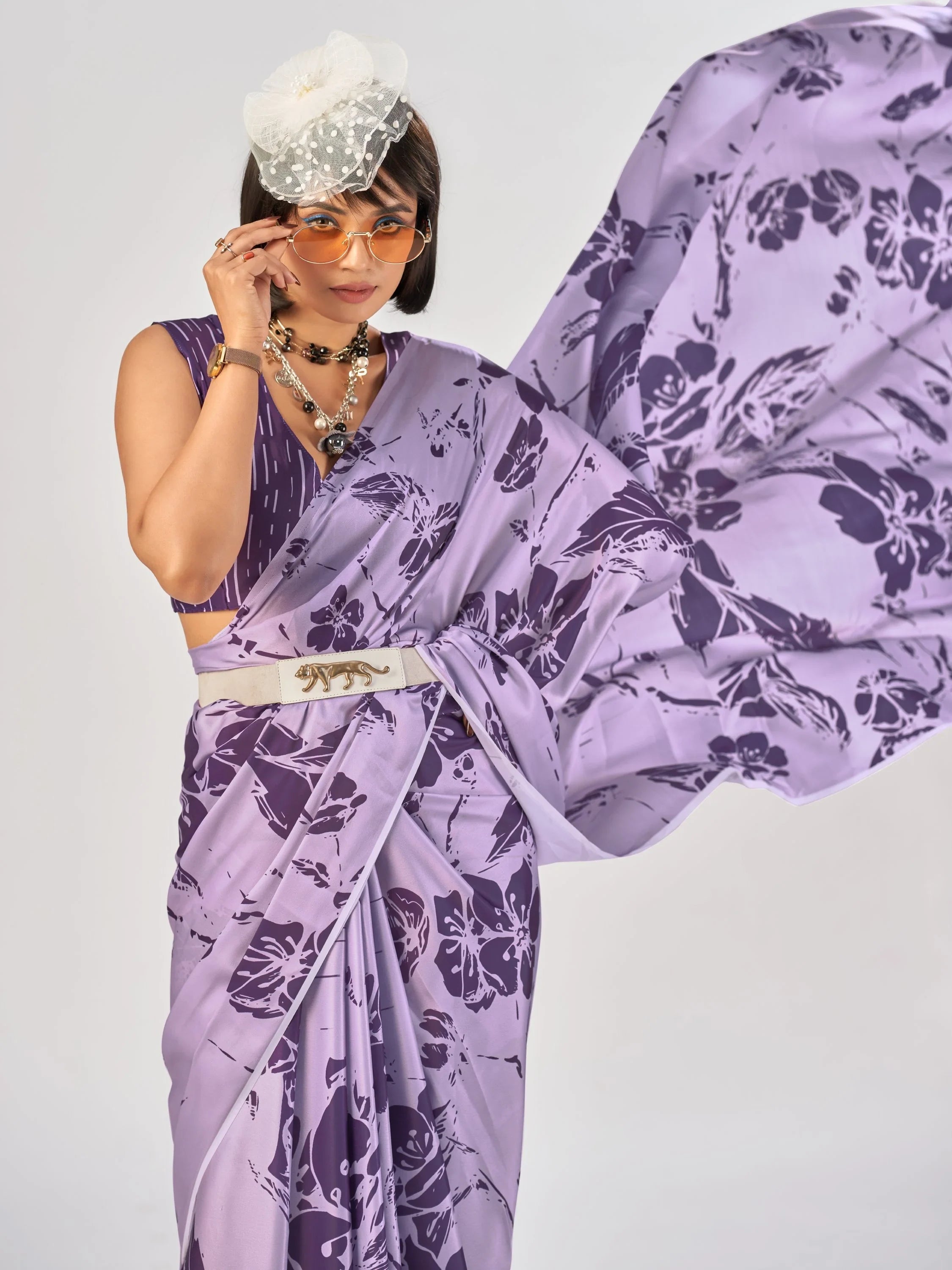 Lavender Beautiful Printed Satin Casual Wear Saree With Blouse