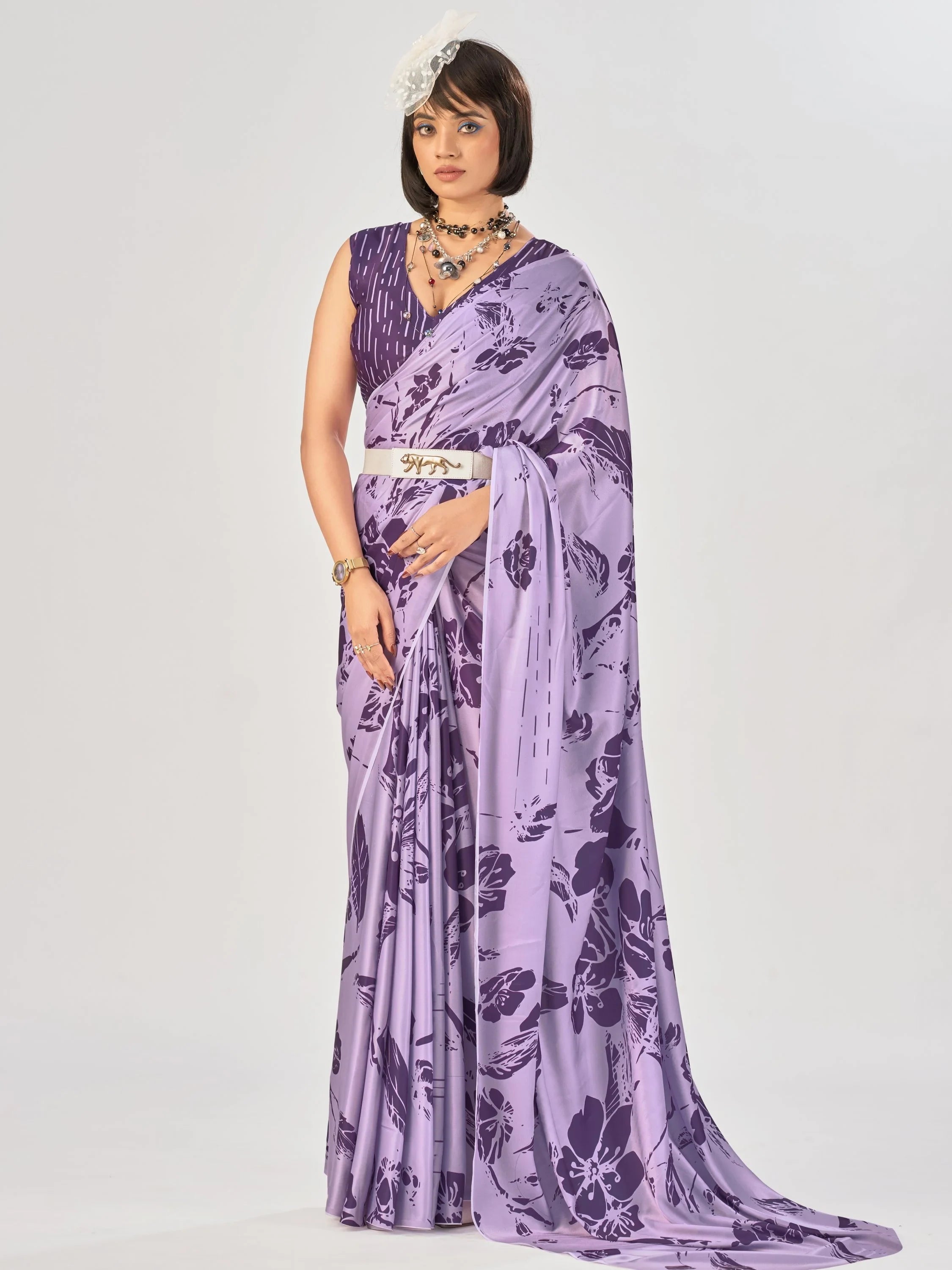 Lavender Beautiful Printed Satin Casual Wear Saree With Blouse
