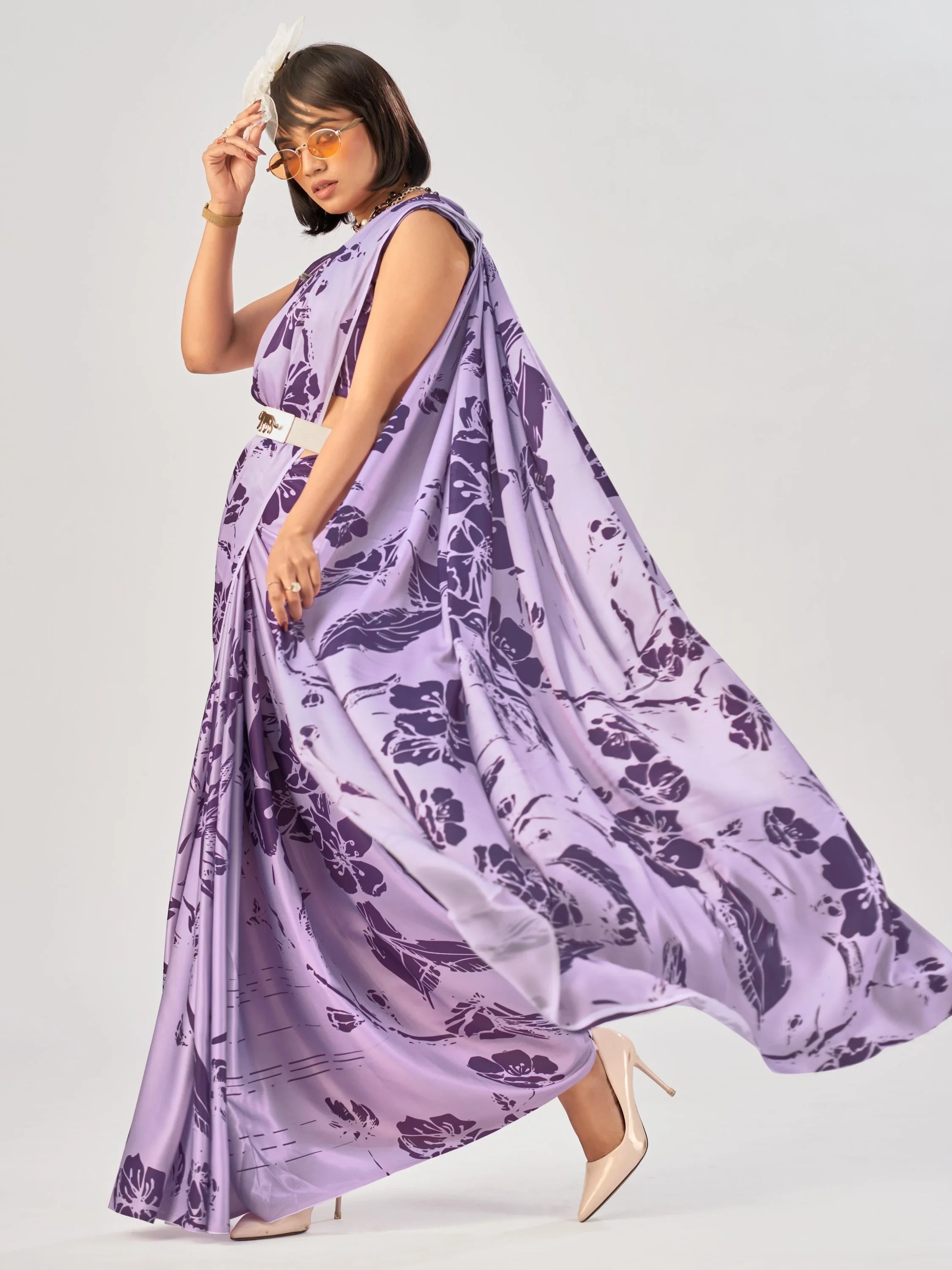 Lavender Beautiful Printed Satin Casual Wear Saree With Blouse