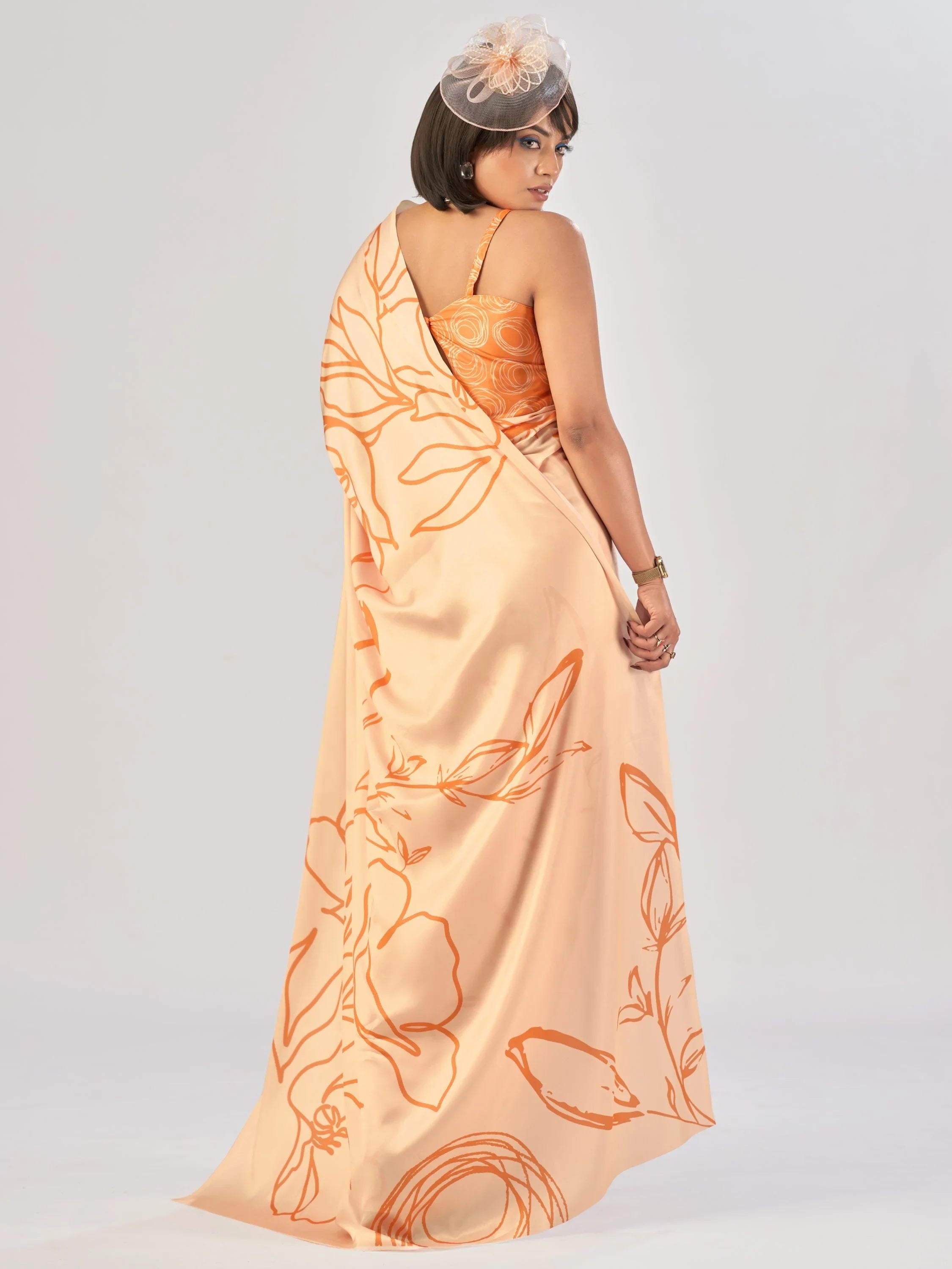 Peach Beautiful Printed Satin Casual Wear Saree With Blouse