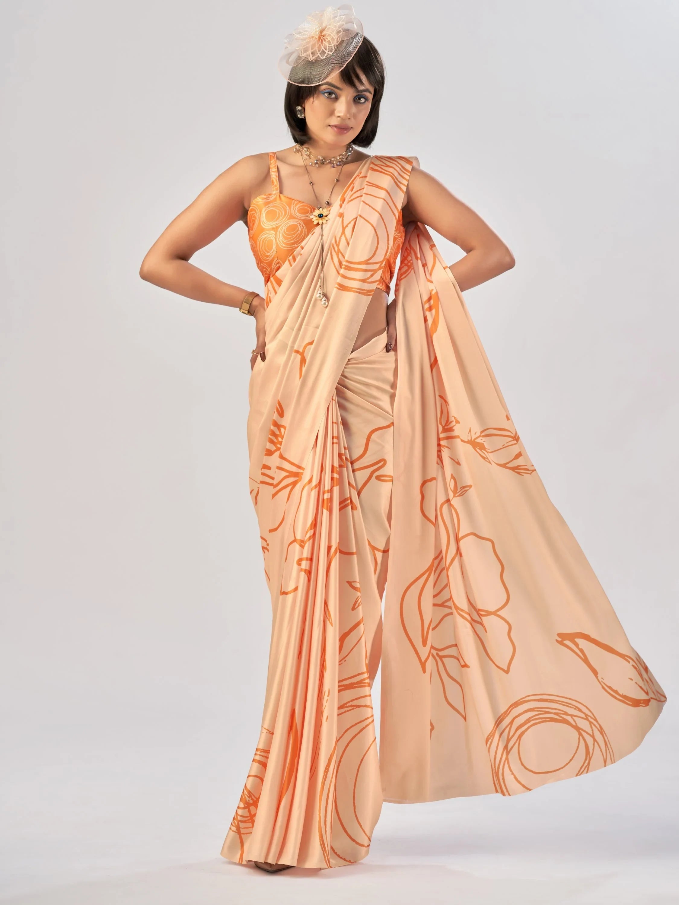 Peach Beautiful Printed Satin Casual Wear Saree With Blouse