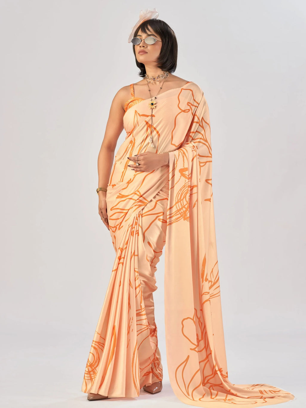 Peach Beautiful Printed Satin Casual Wear Saree With Blouse