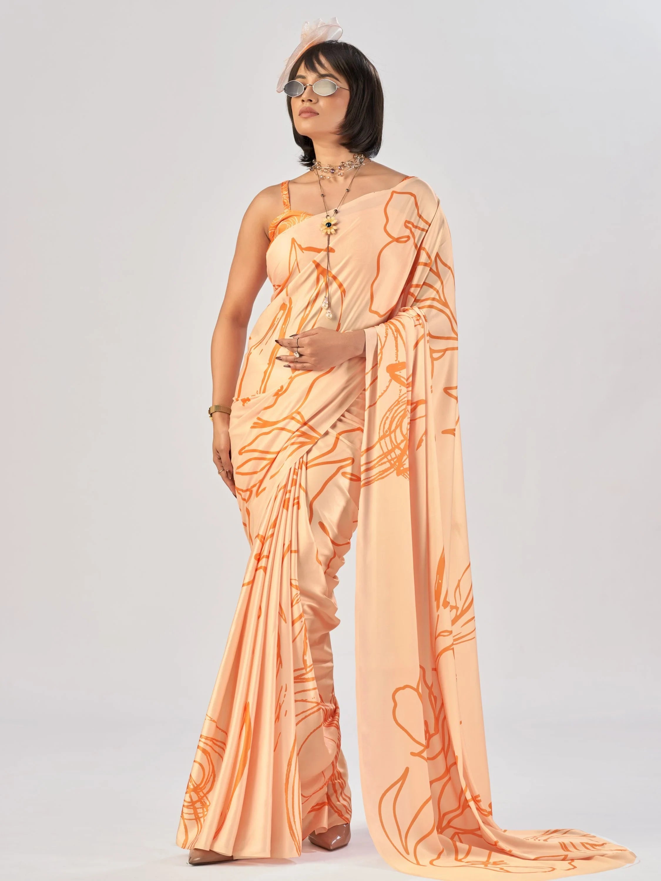 Peach Beautiful Printed Satin Casual Wear Saree With Blouse