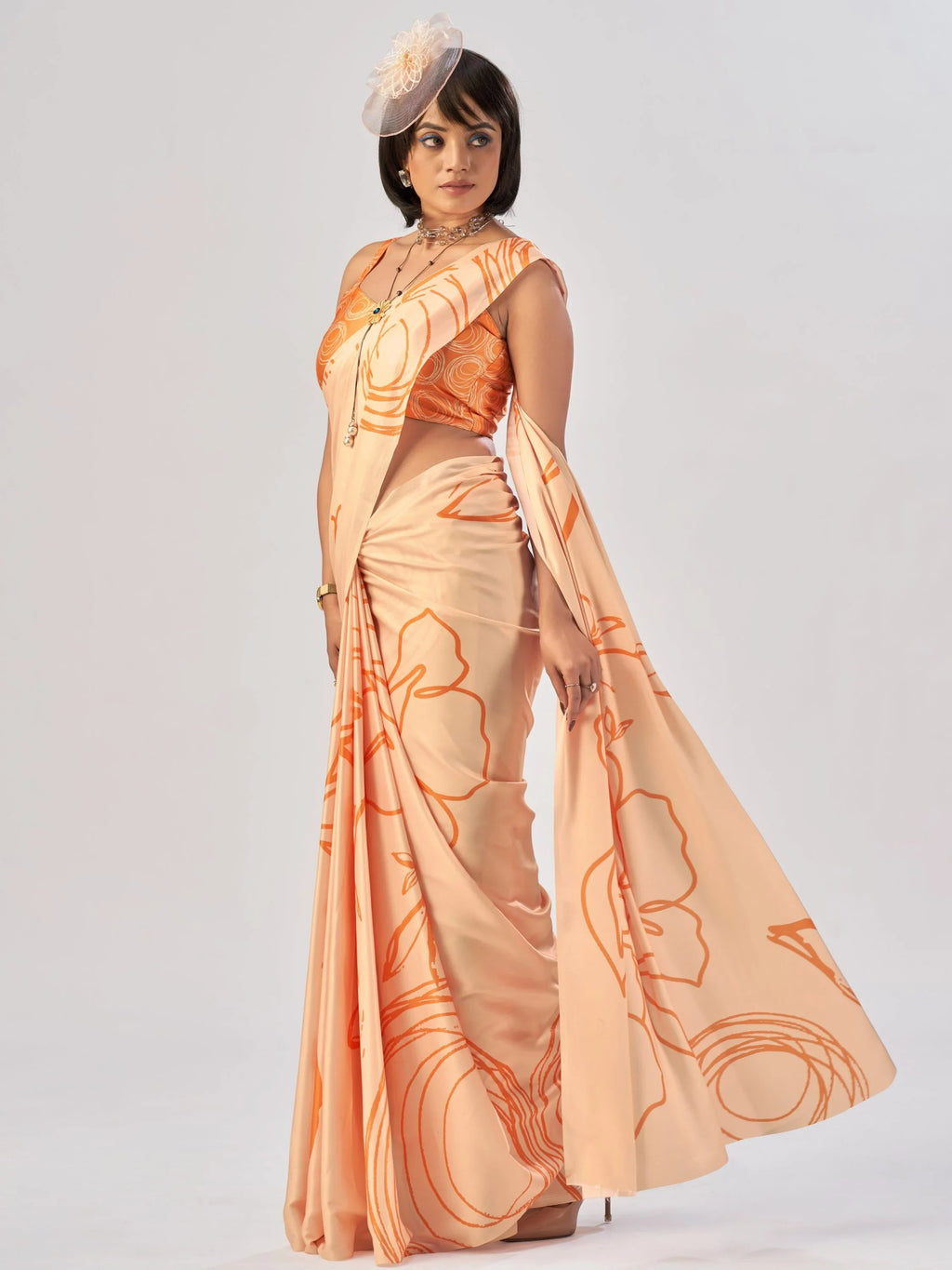 Peach Beautiful Printed Satin Casual Wear Saree With Blouse