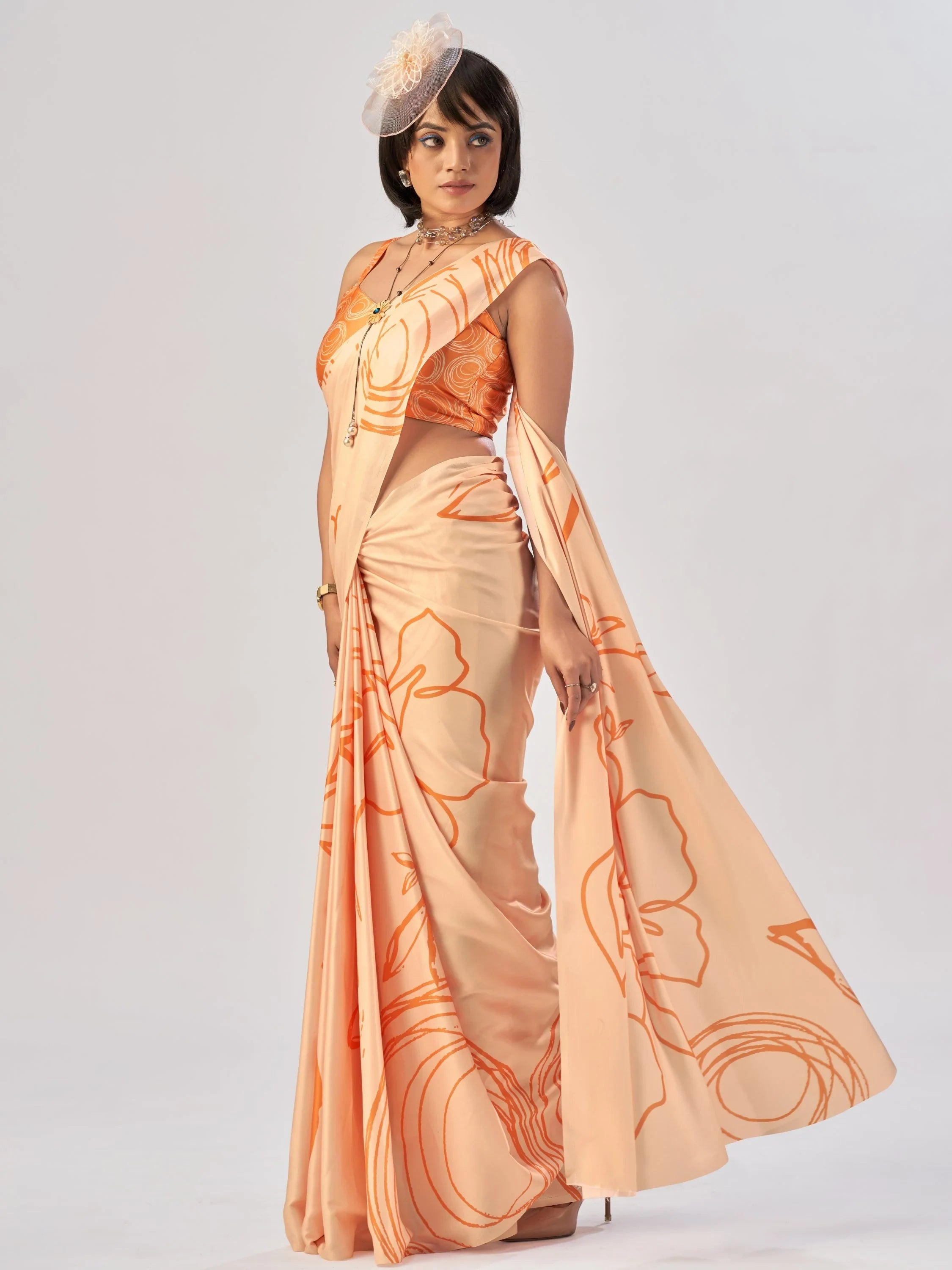 Peach Beautiful Printed Satin Casual Wear Saree With Blouse