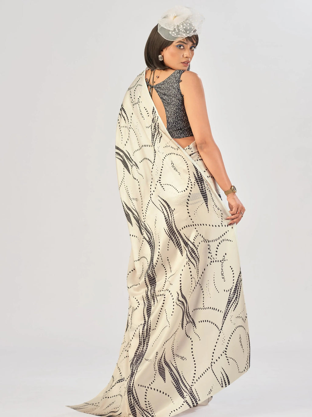 Off White Beautiful Printed Satin Casual Wear Saree With Blouse