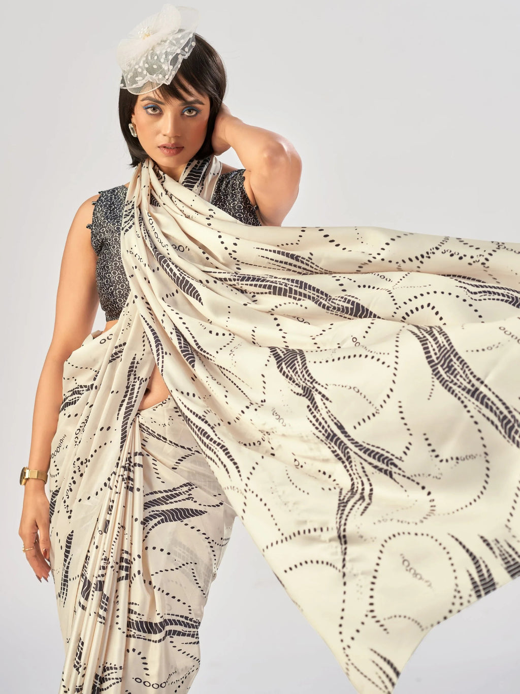 Off White Beautiful Printed Satin Casual Wear Saree With Blouse