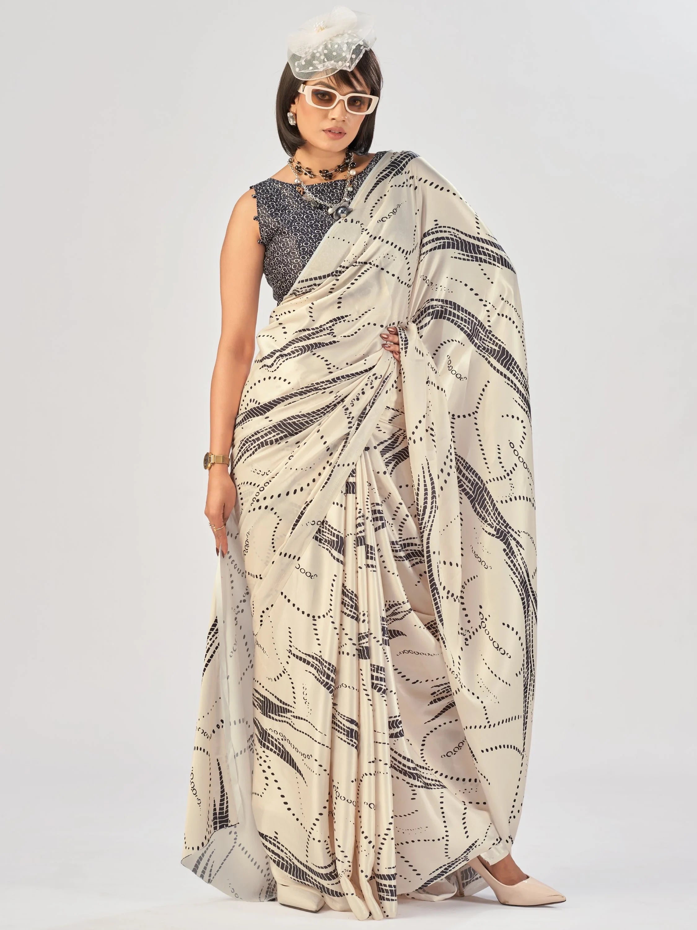 Off White Beautiful Printed Satin Casual Wear Saree With Blouse