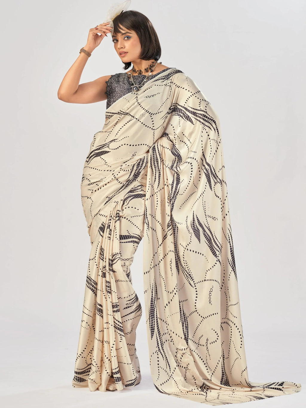 Off White Beautiful Printed Satin Casual Wear Saree With Blouse
