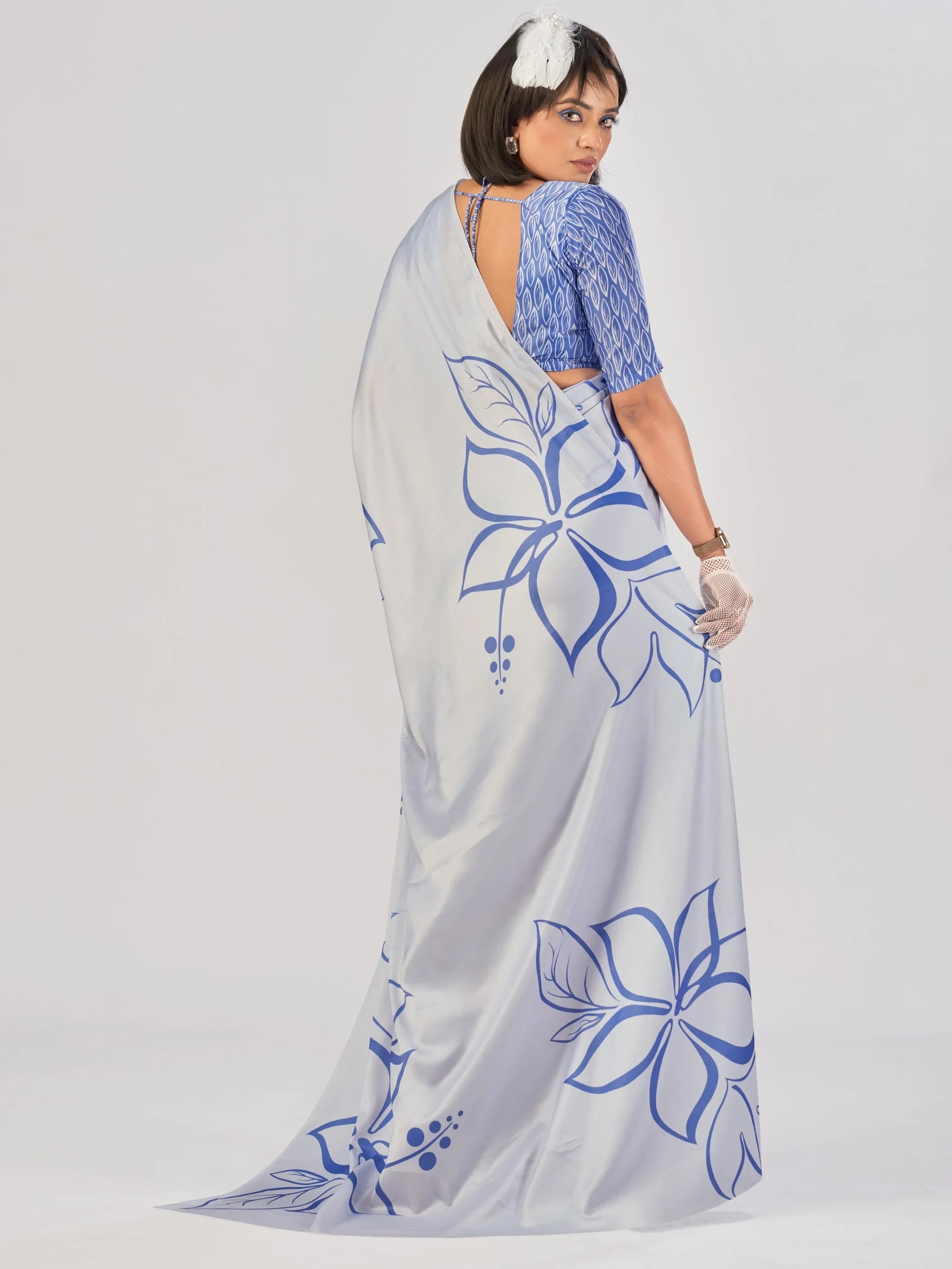Sky Blue Beautiful Printed Satin Casual Wear Saree With Blouse
