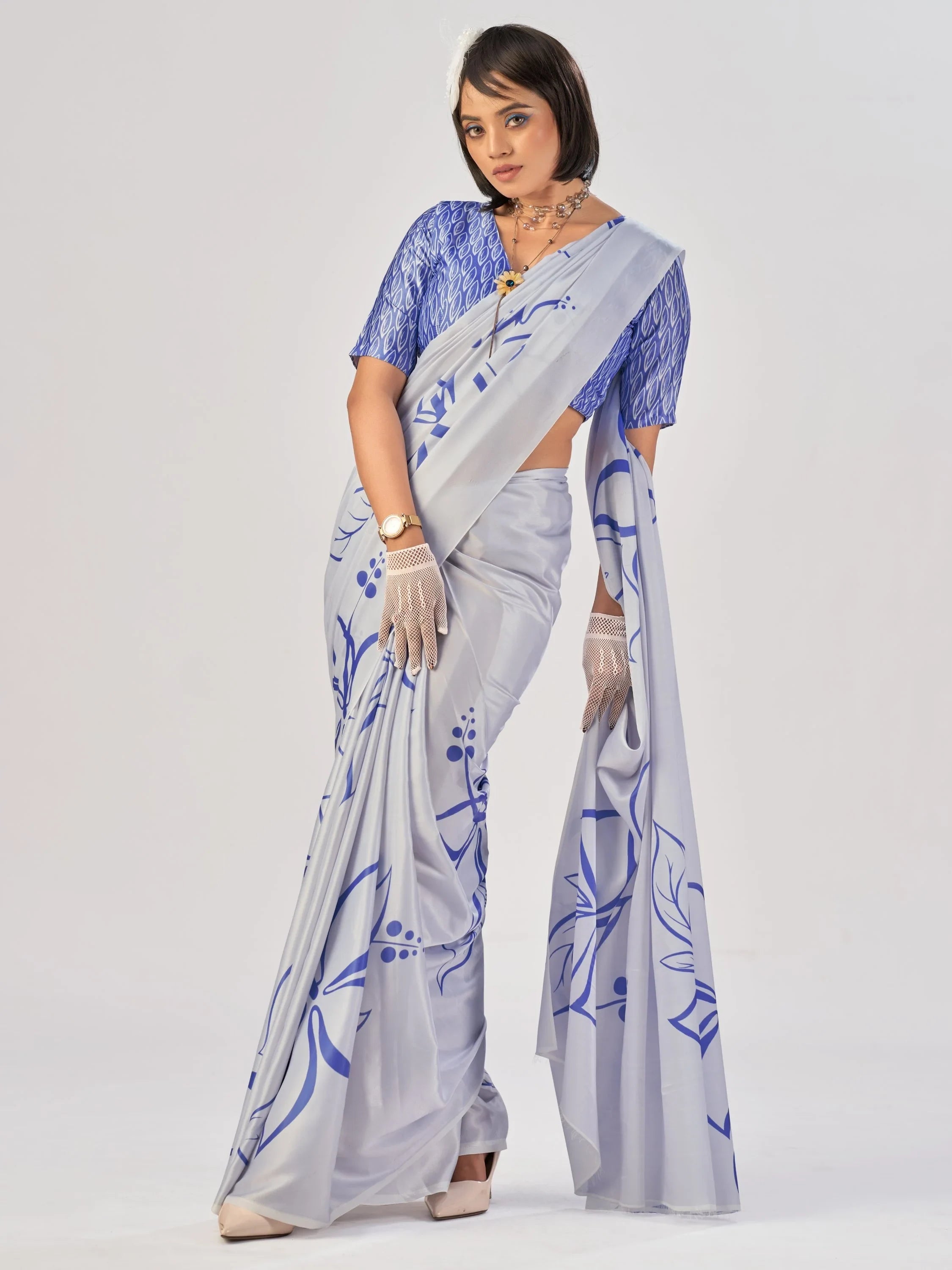 Sky Blue Beautiful Printed Satin Casual Wear Saree With Blouse