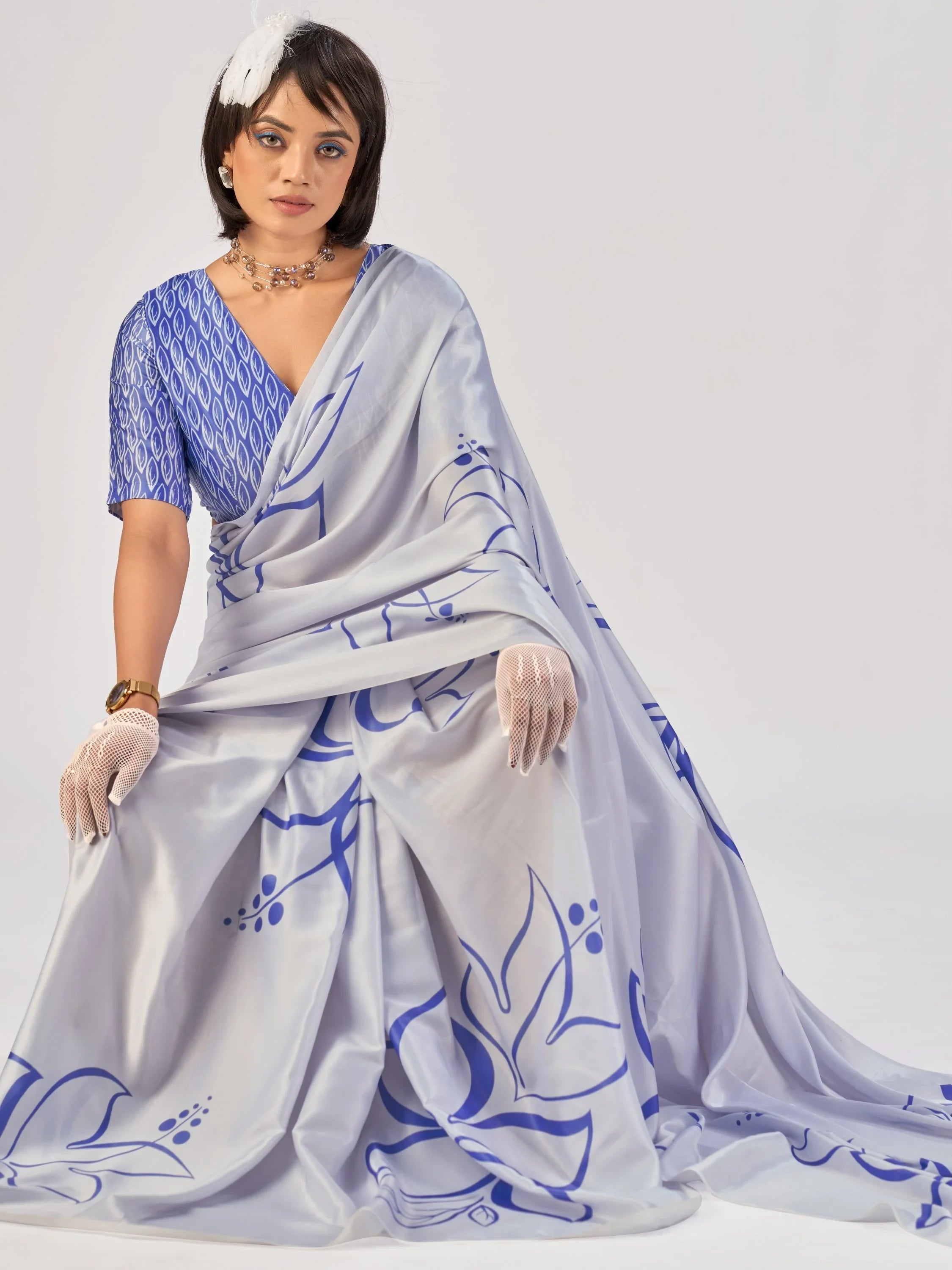 Sky Blue Beautiful Printed Satin Casual Wear Saree With Blouse