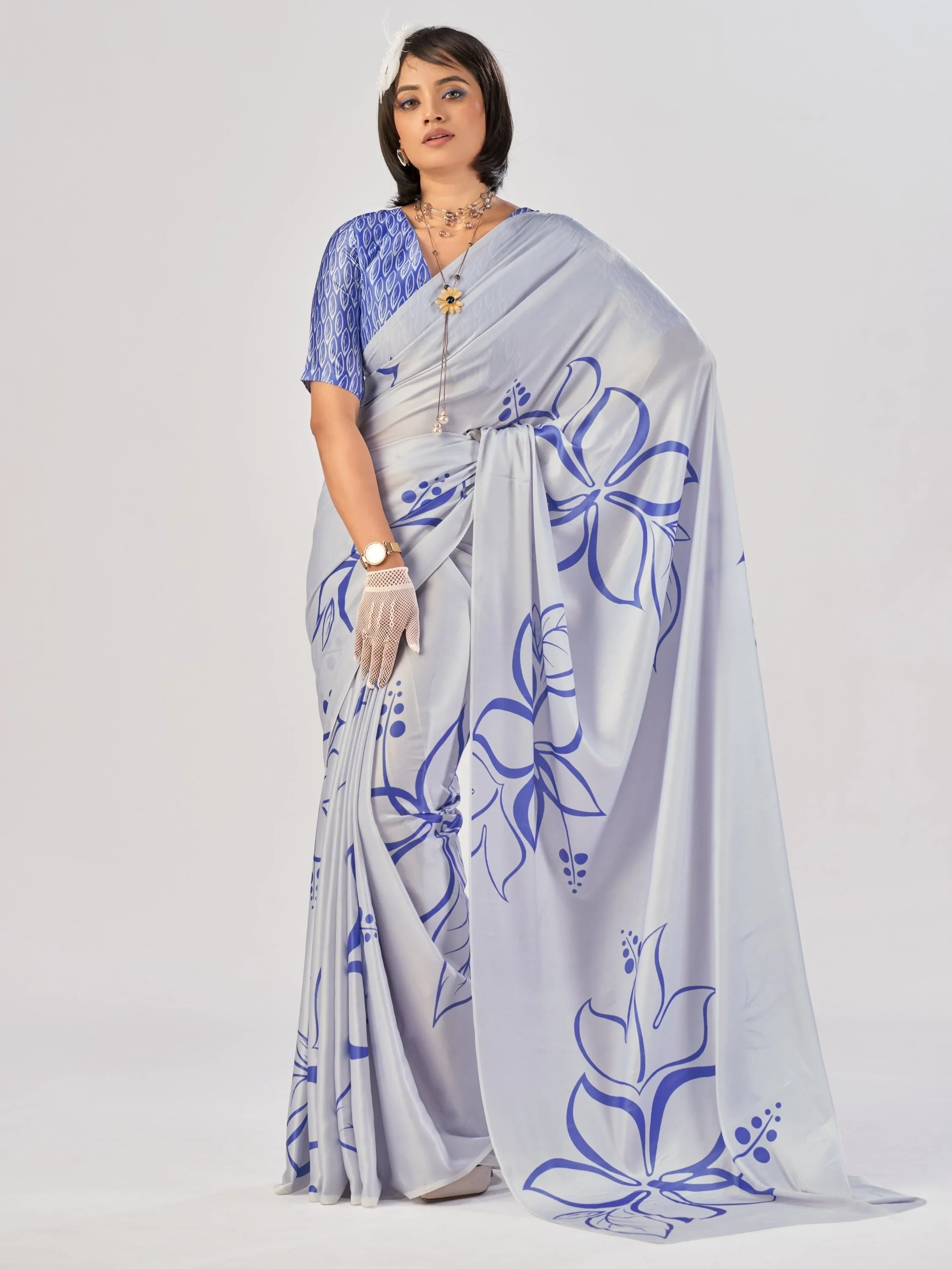 Sky Blue Beautiful Printed Satin Casual Wear Saree With Blouse