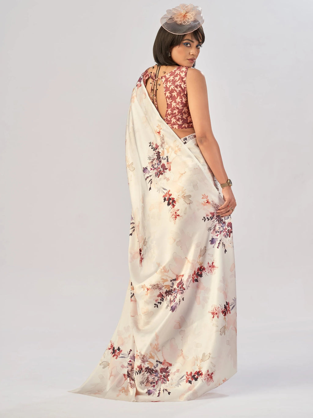 White Beautiful Printed Satin Casual Wear Saree With Blouse