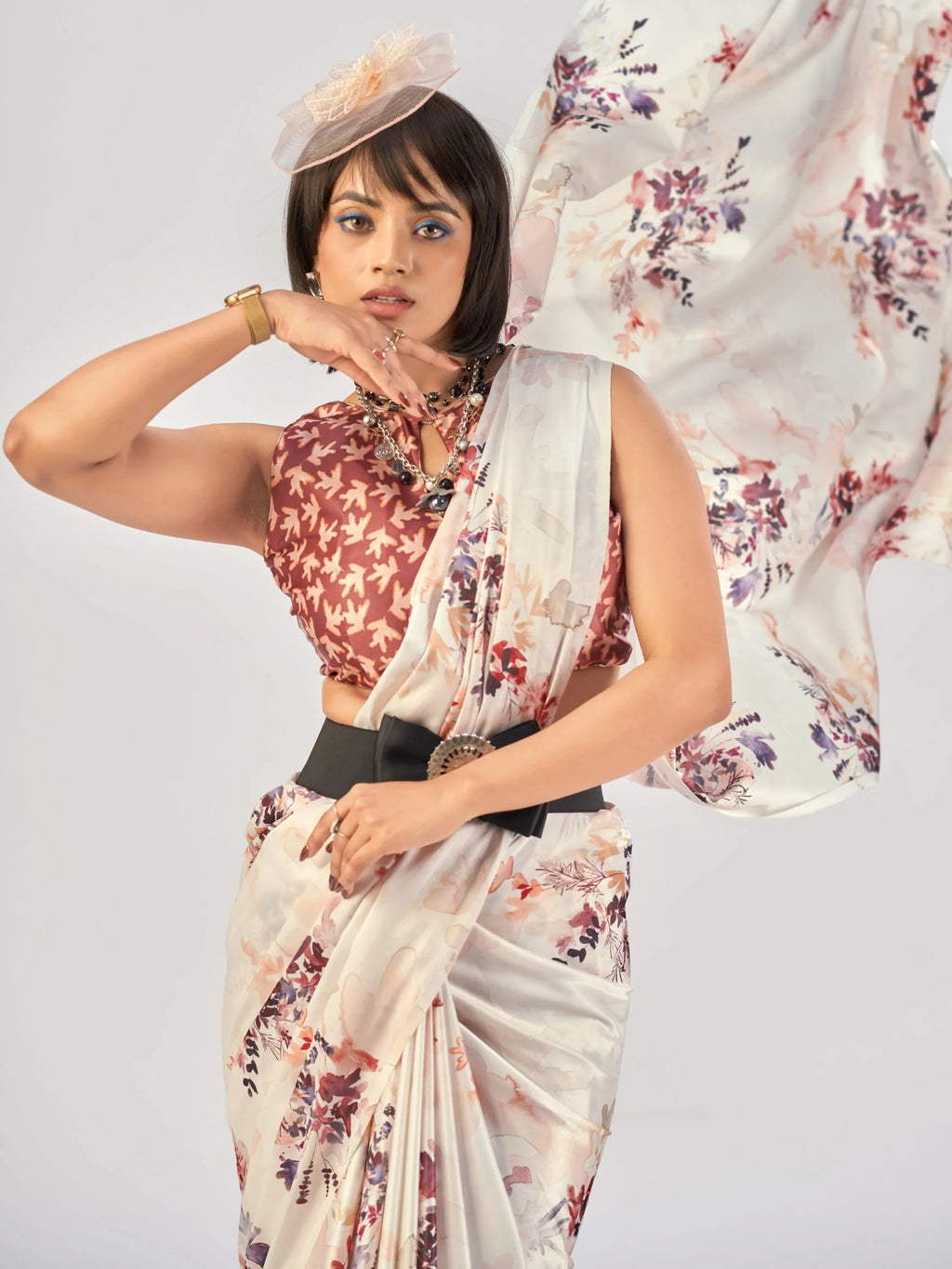 White Beautiful Printed Satin Casual Wear Saree With Blouse