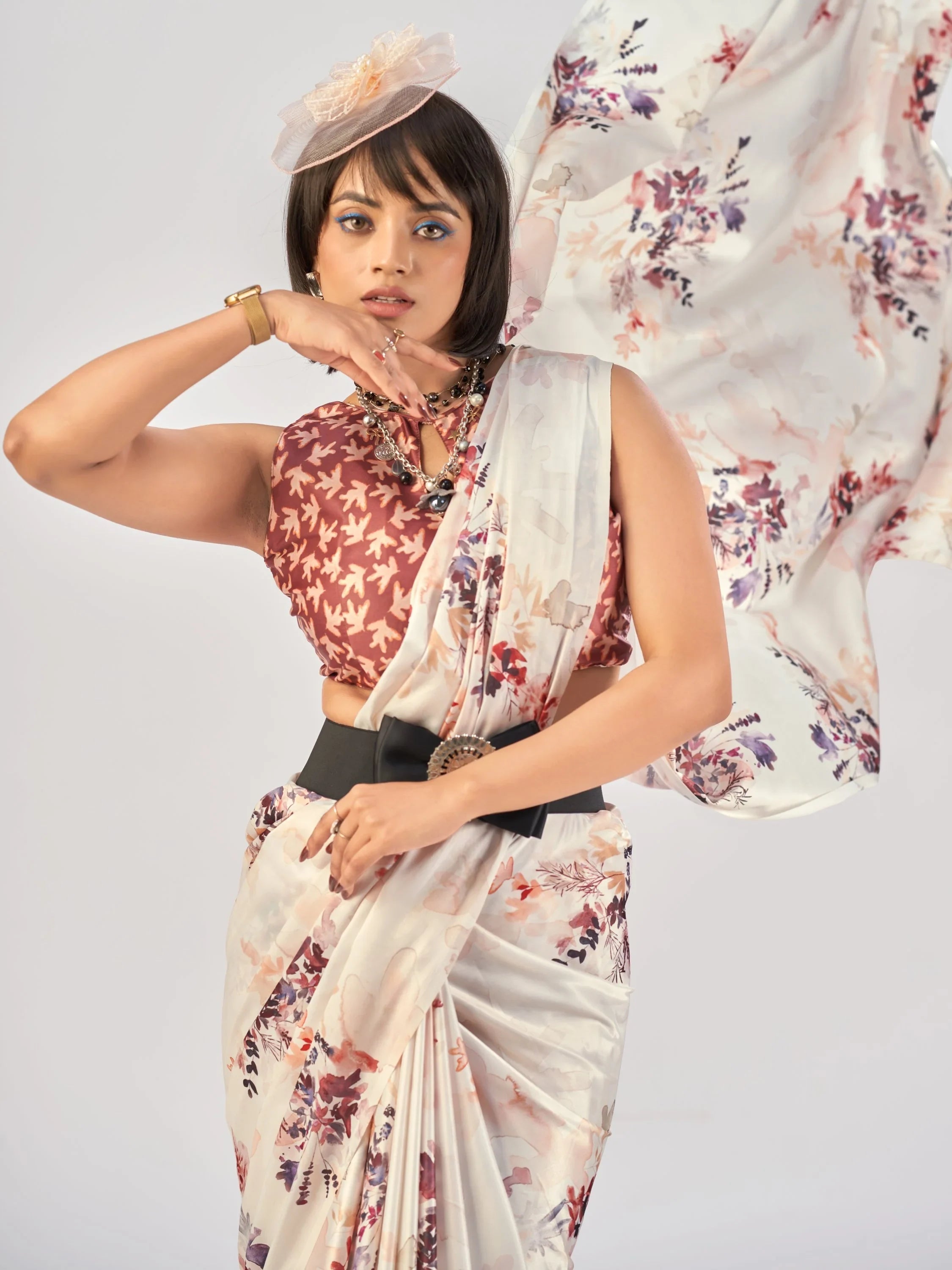 White Beautiful Printed Satin Casual Wear Saree With Blouse