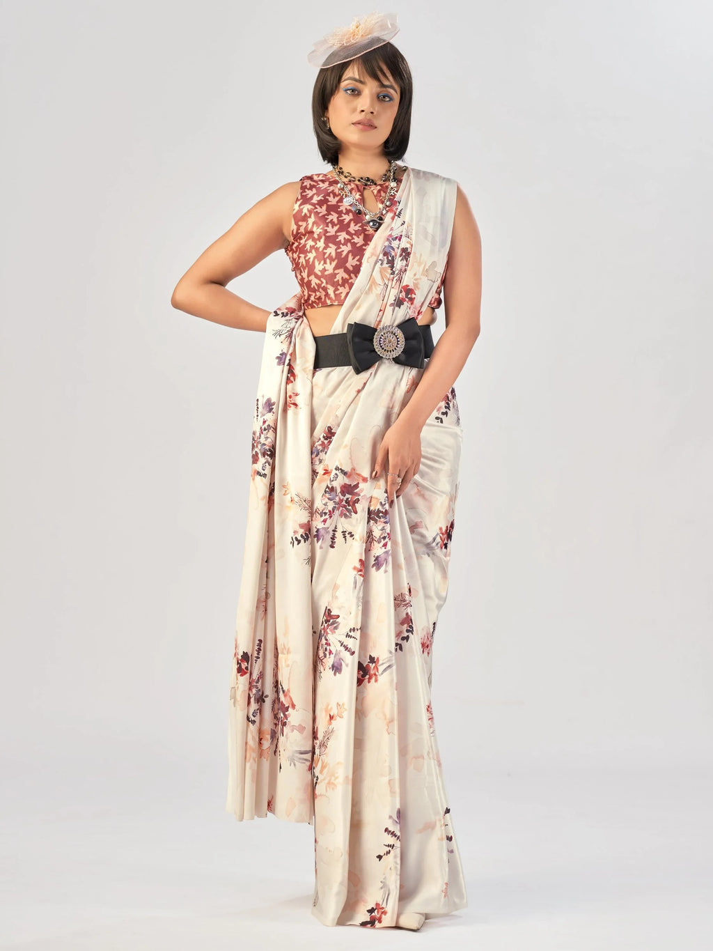 White Beautiful Printed Satin Casual Wear Saree With Blouse
