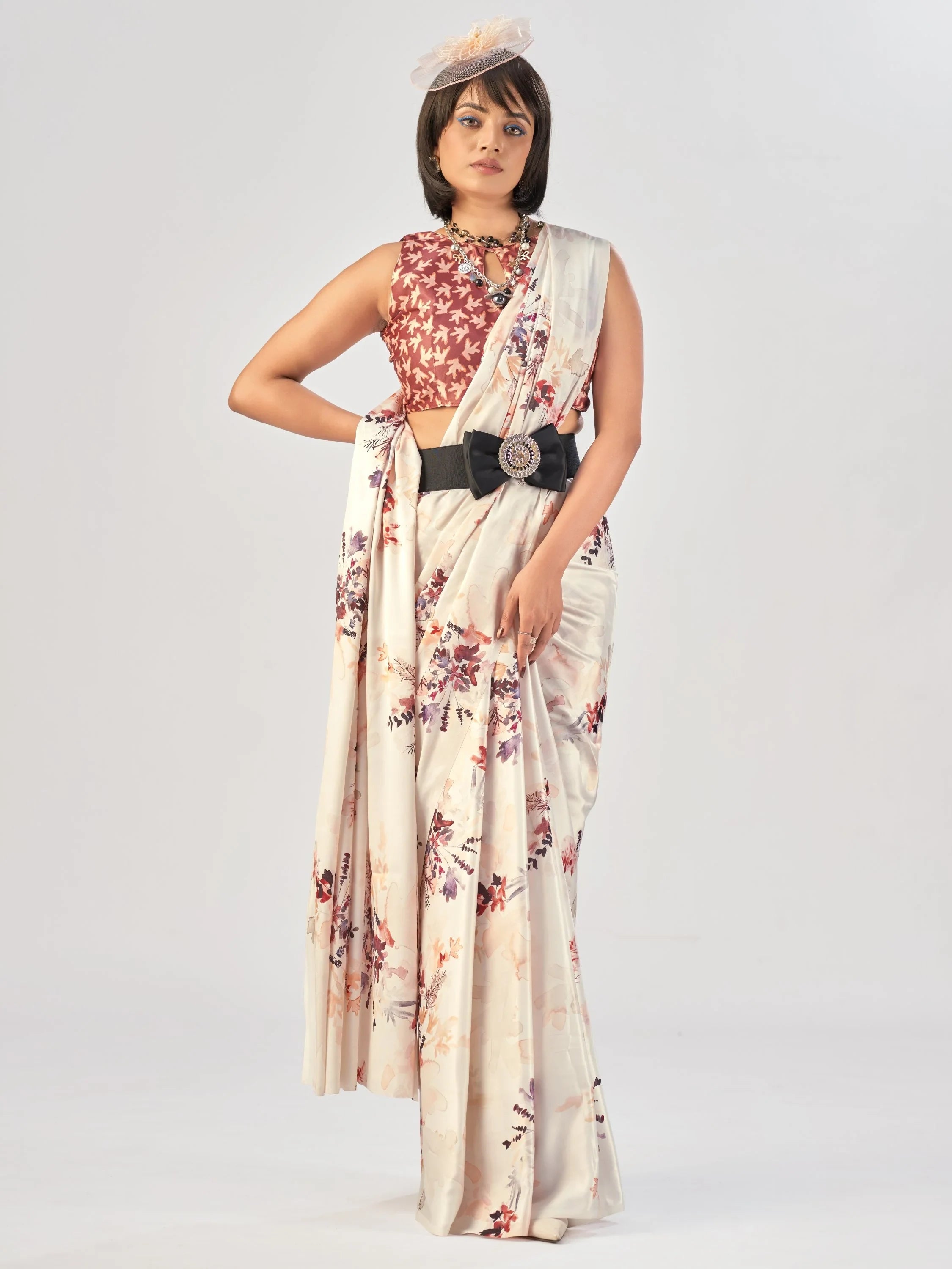 White Beautiful Printed Satin Casual Wear Saree With Blouse