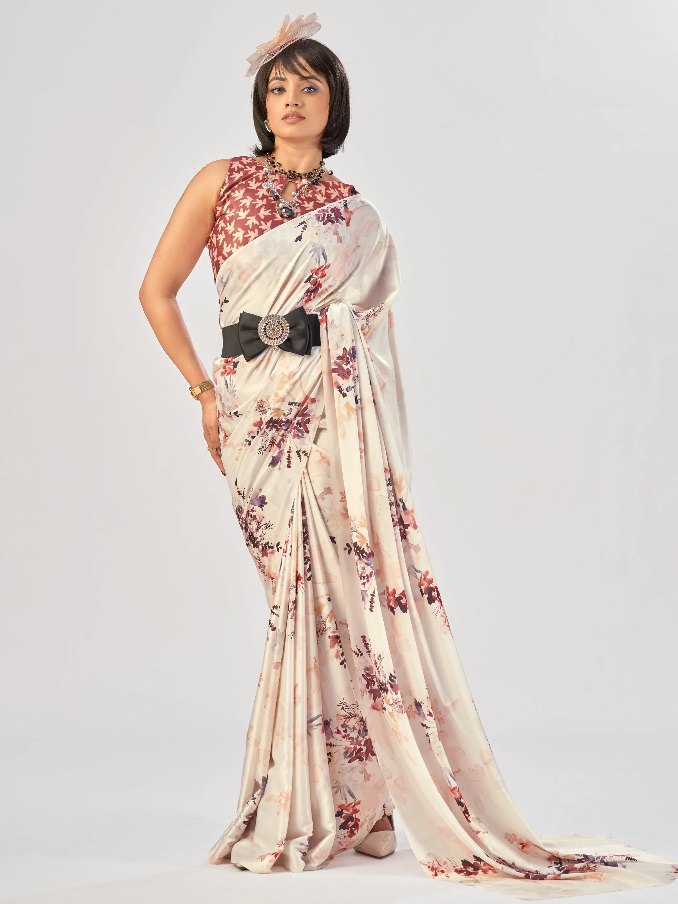 White Beautiful Printed Satin Casual Wear Saree With Blouse