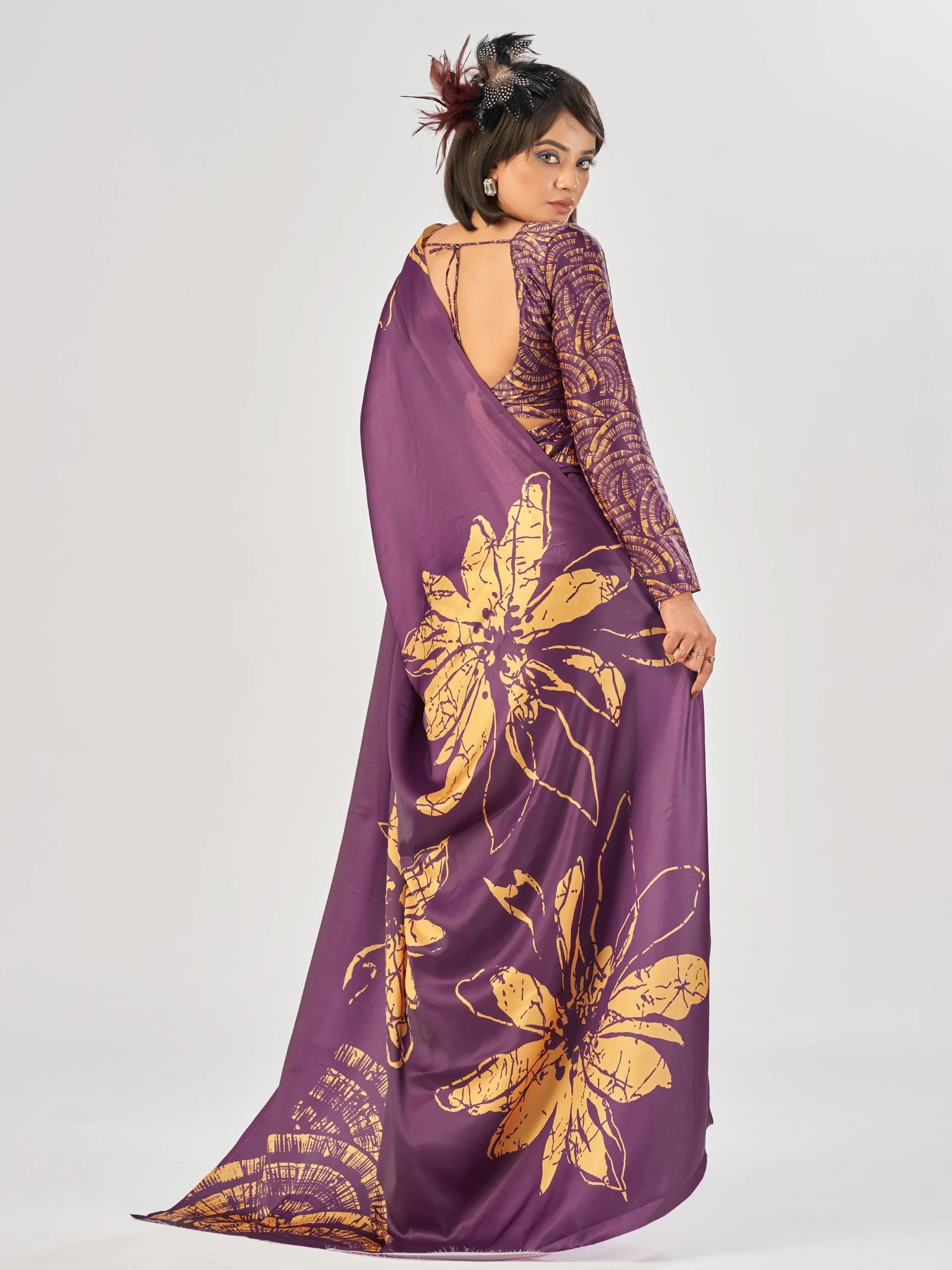 Wine Beautiful Printed Satin Casual Wear Saree With Blouse