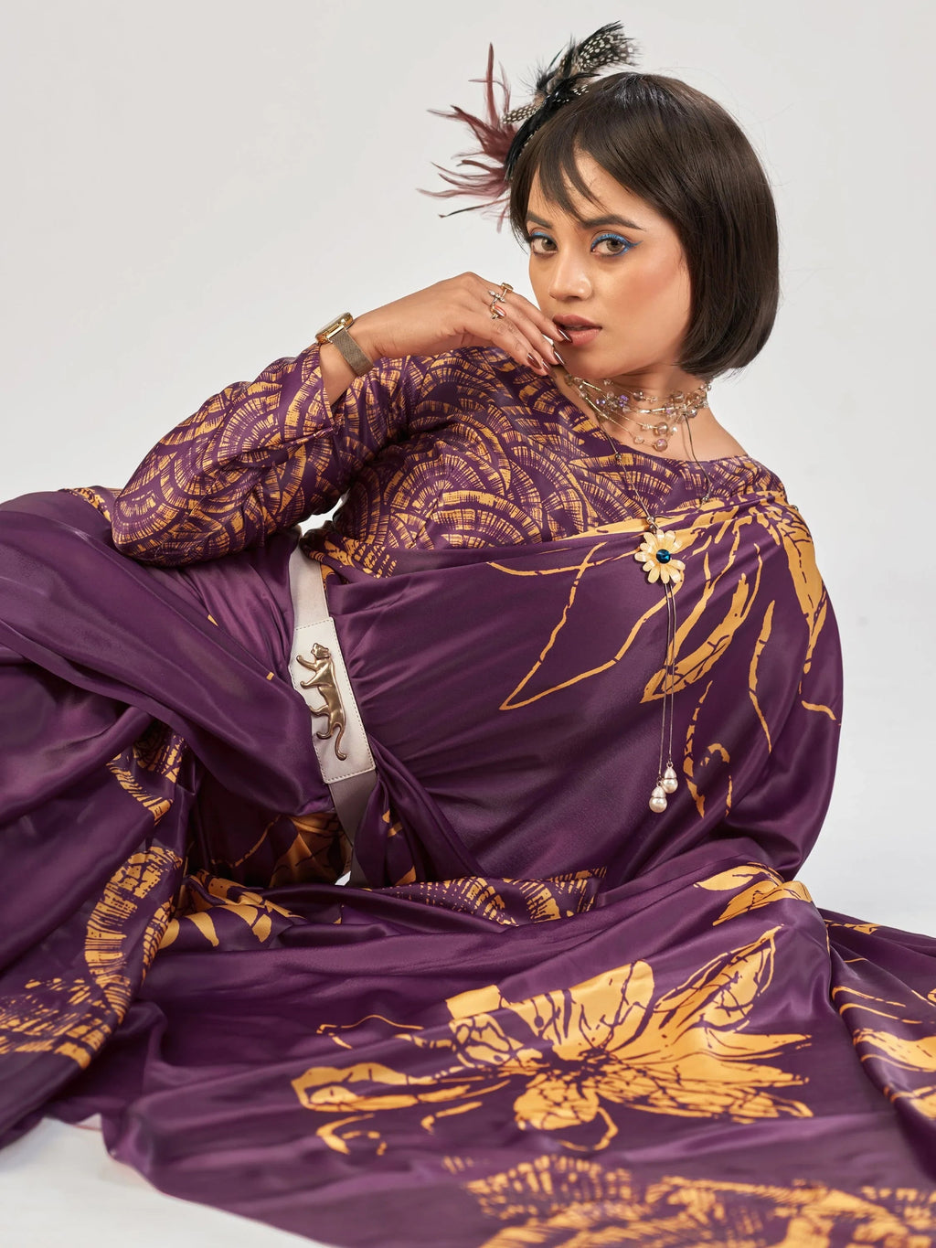 Wine Beautiful Printed Satin Casual Wear Saree With Blouse