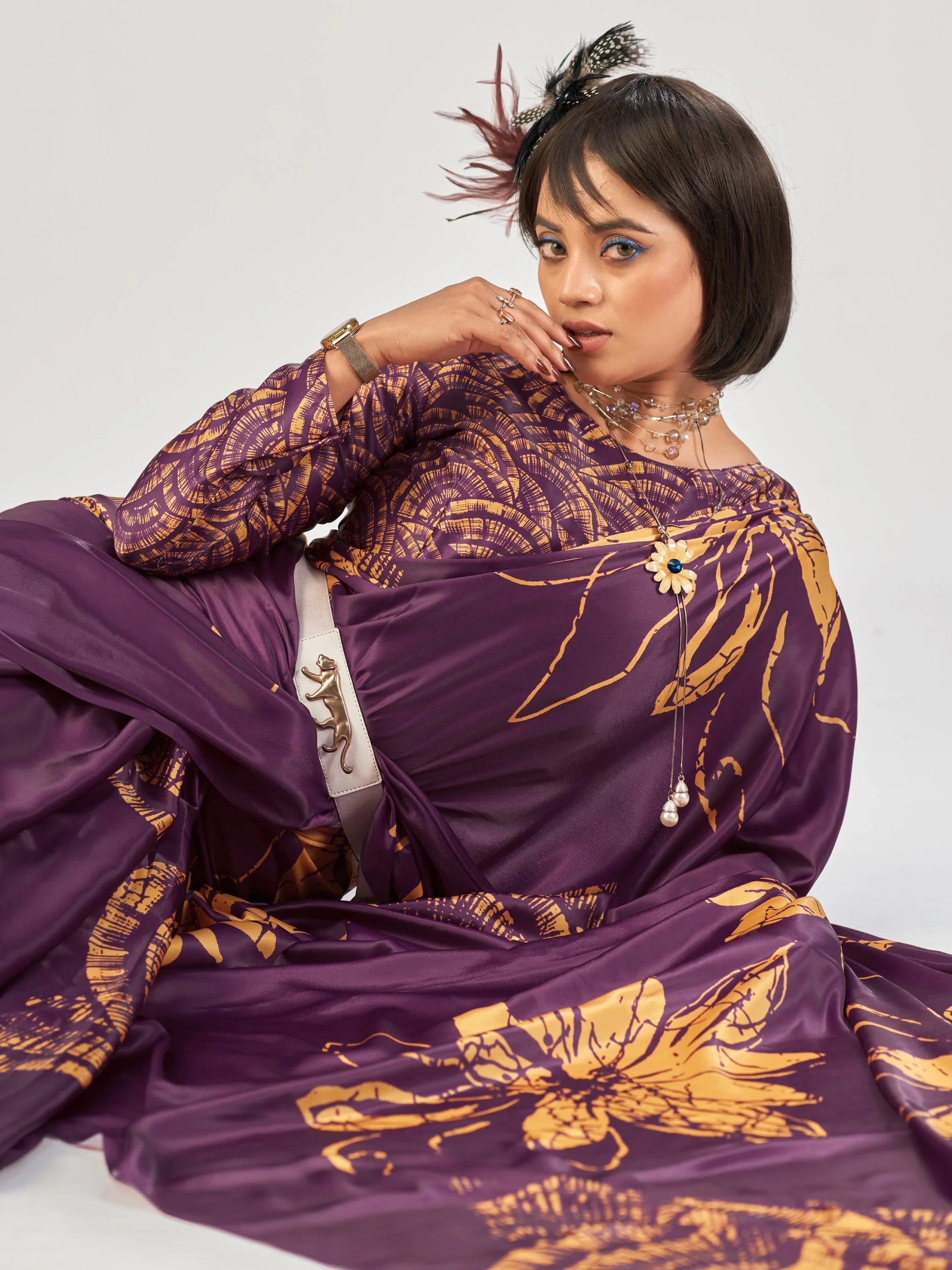 Wine Beautiful Printed Satin Casual Wear Saree With Blouse