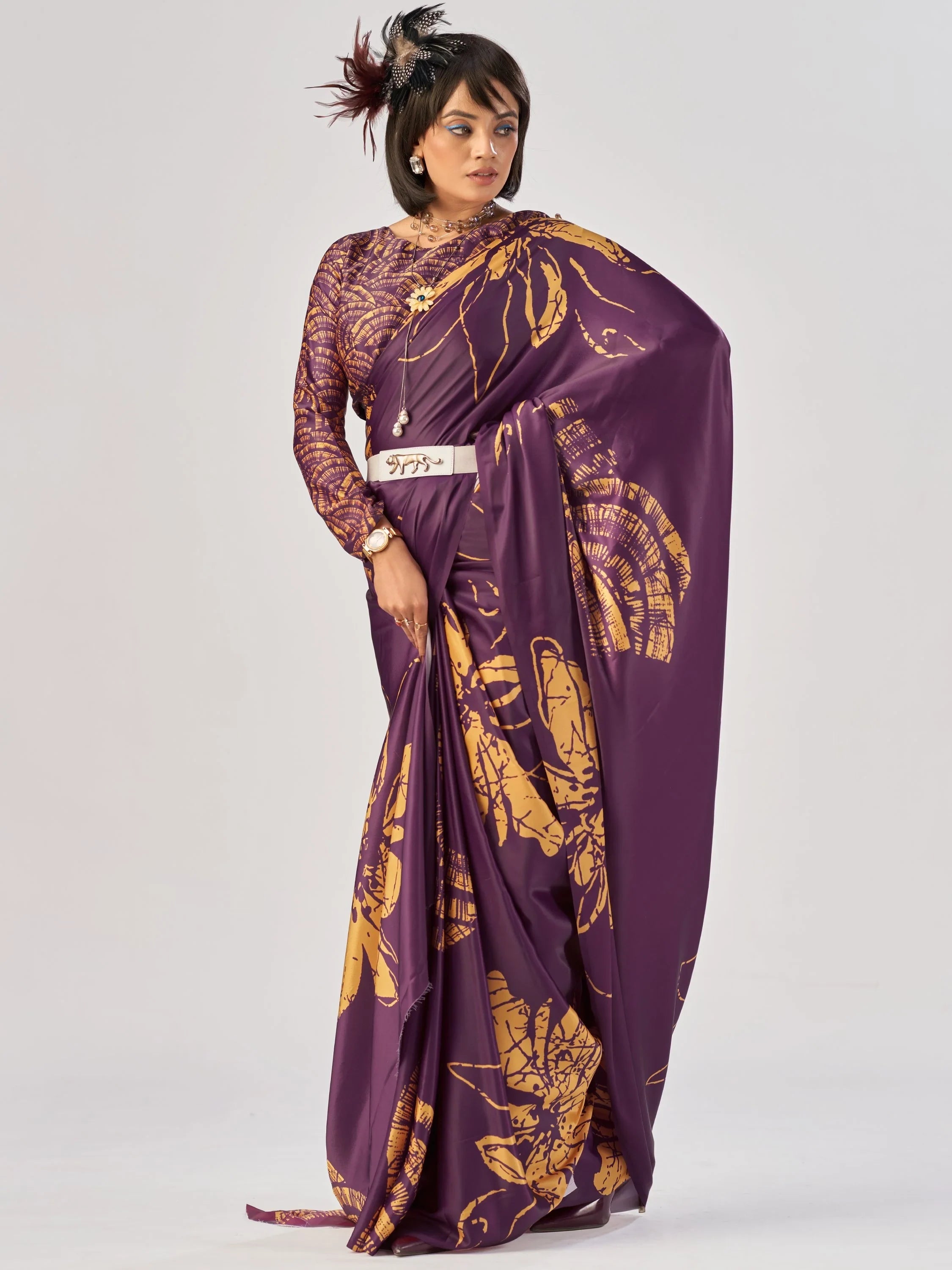 Wine Beautiful Printed Satin Casual Wear Saree With Blouse