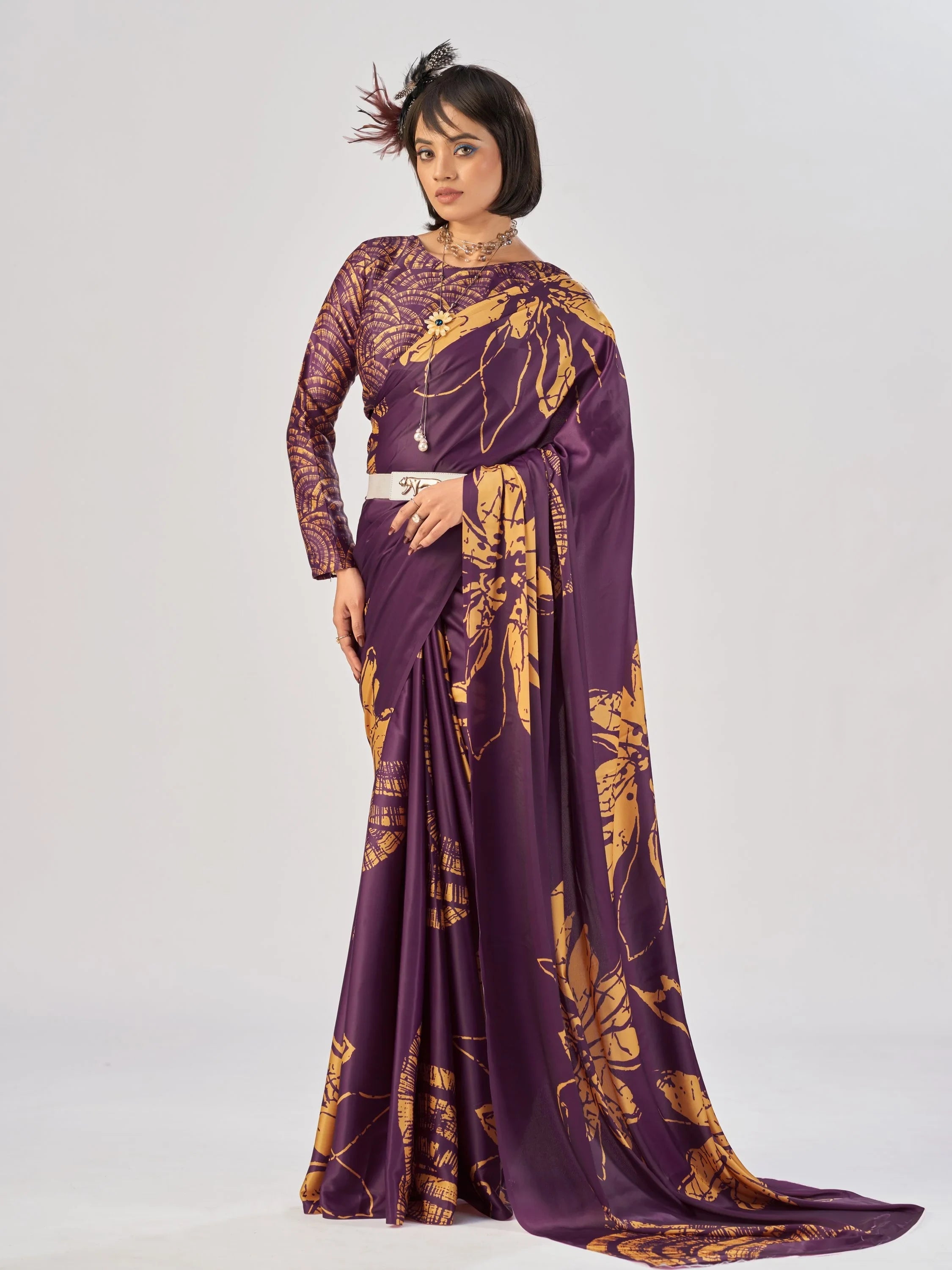 Wine Beautiful Printed Satin Casual Wear Saree With Blouse