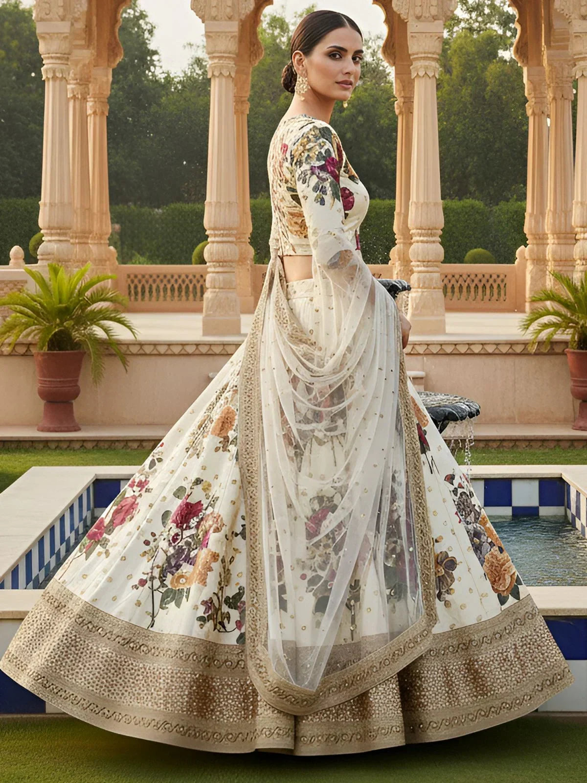 Fabulous Cream Floral Printed Silk Wedding Lehenga Choli With Dupatta