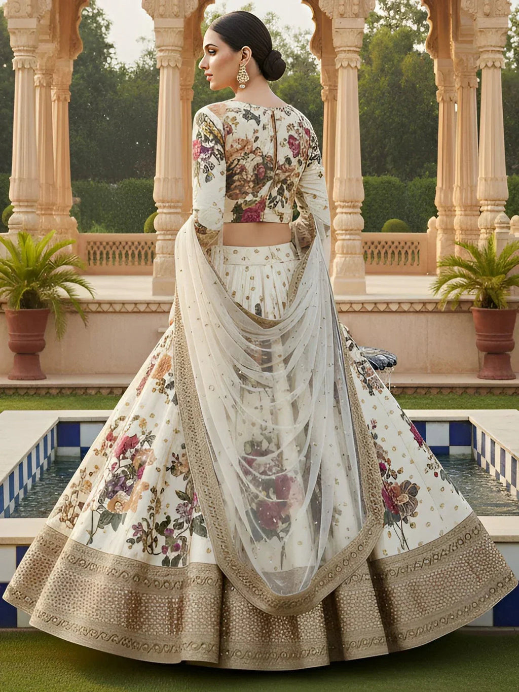 Fabulous Cream Floral Printed Silk Wedding Lehenga Choli With Dupatta