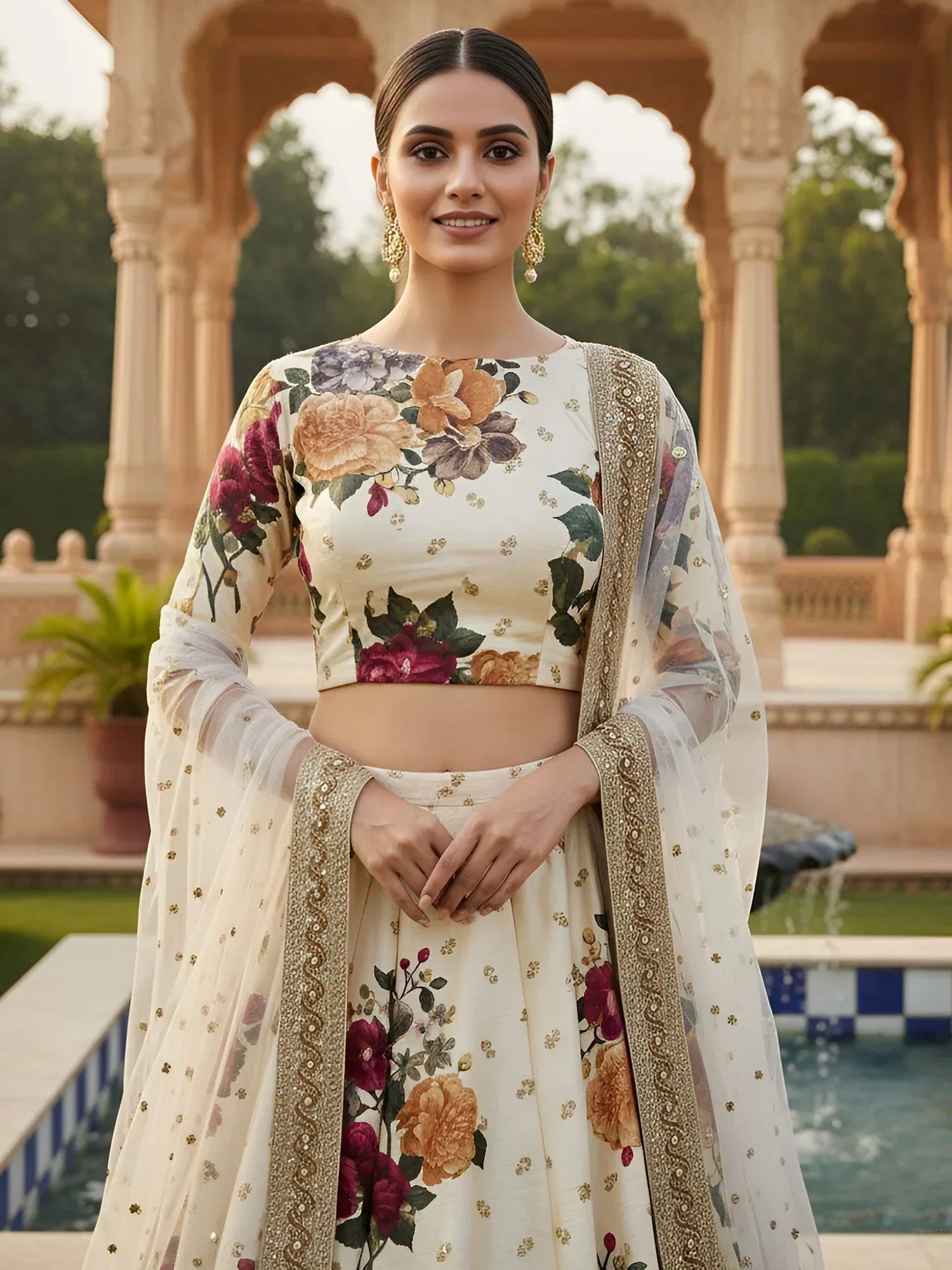 Fabulous Cream Floral Printed Silk Wedding Lehenga Choli With Dupatta