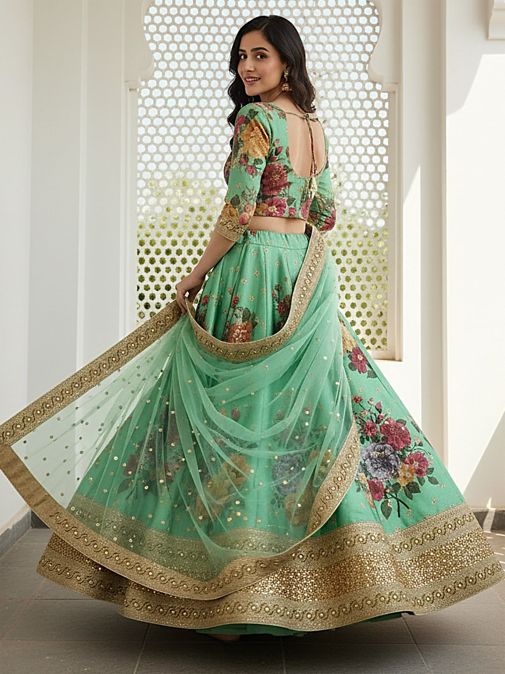Amazing Green Floral Printed Silk Traditional Lehenga Choli With Dupatta