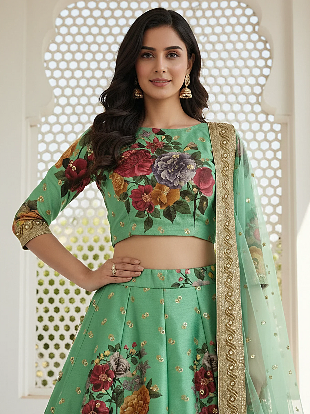 Amazing Green Floral Printed Silk Traditional Lehenga Choli With Dupatta