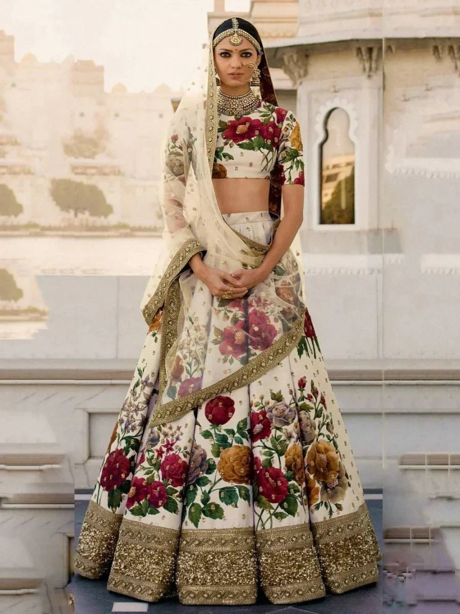 Cream & Printed Semi-Stitched Myntra Lehenga & Unstitched Blouse with Dupatta