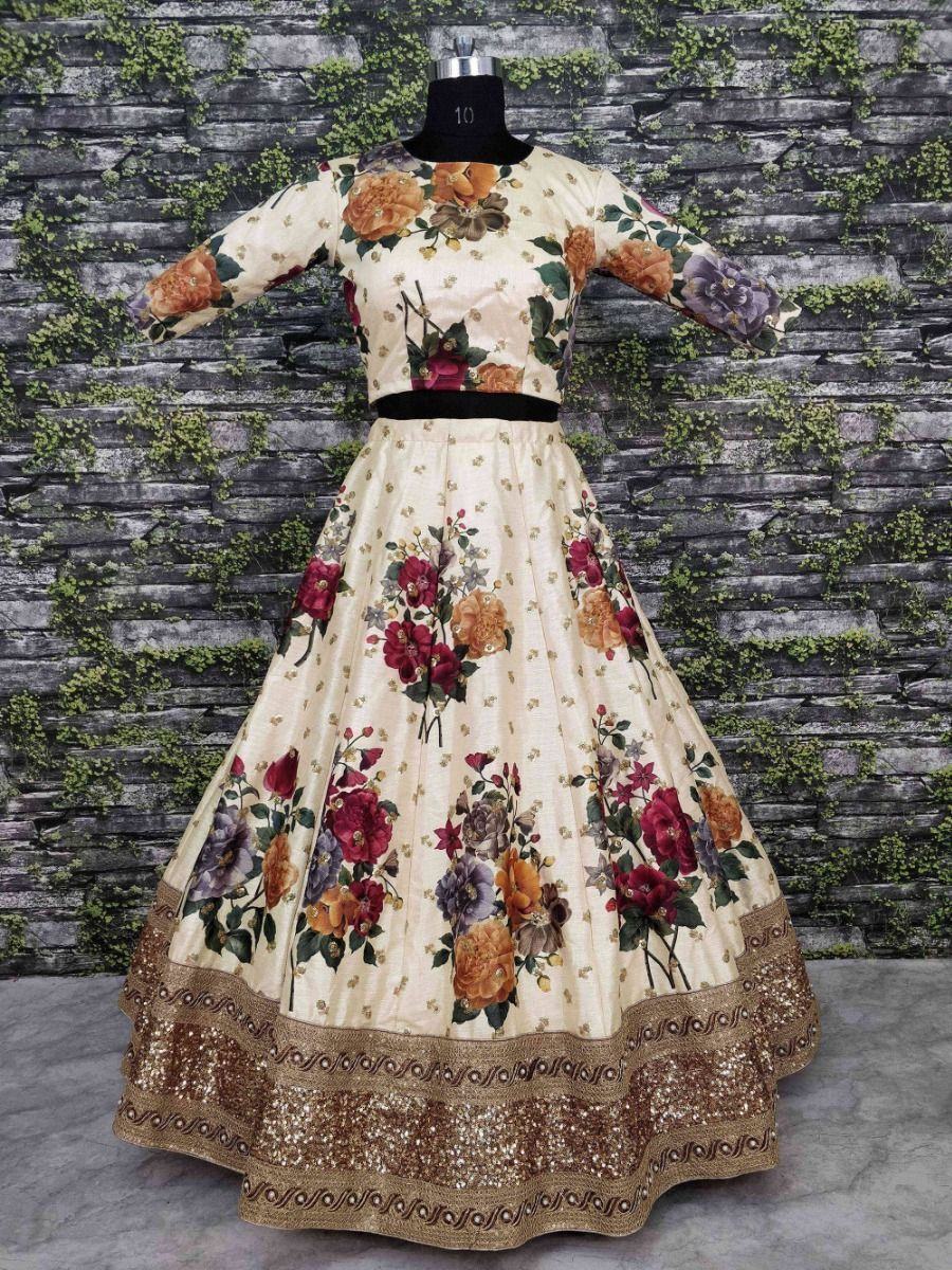 Cream & Printed Semi-Stitched Myntra Lehenga & Unstitched Blouse with Dupatta
