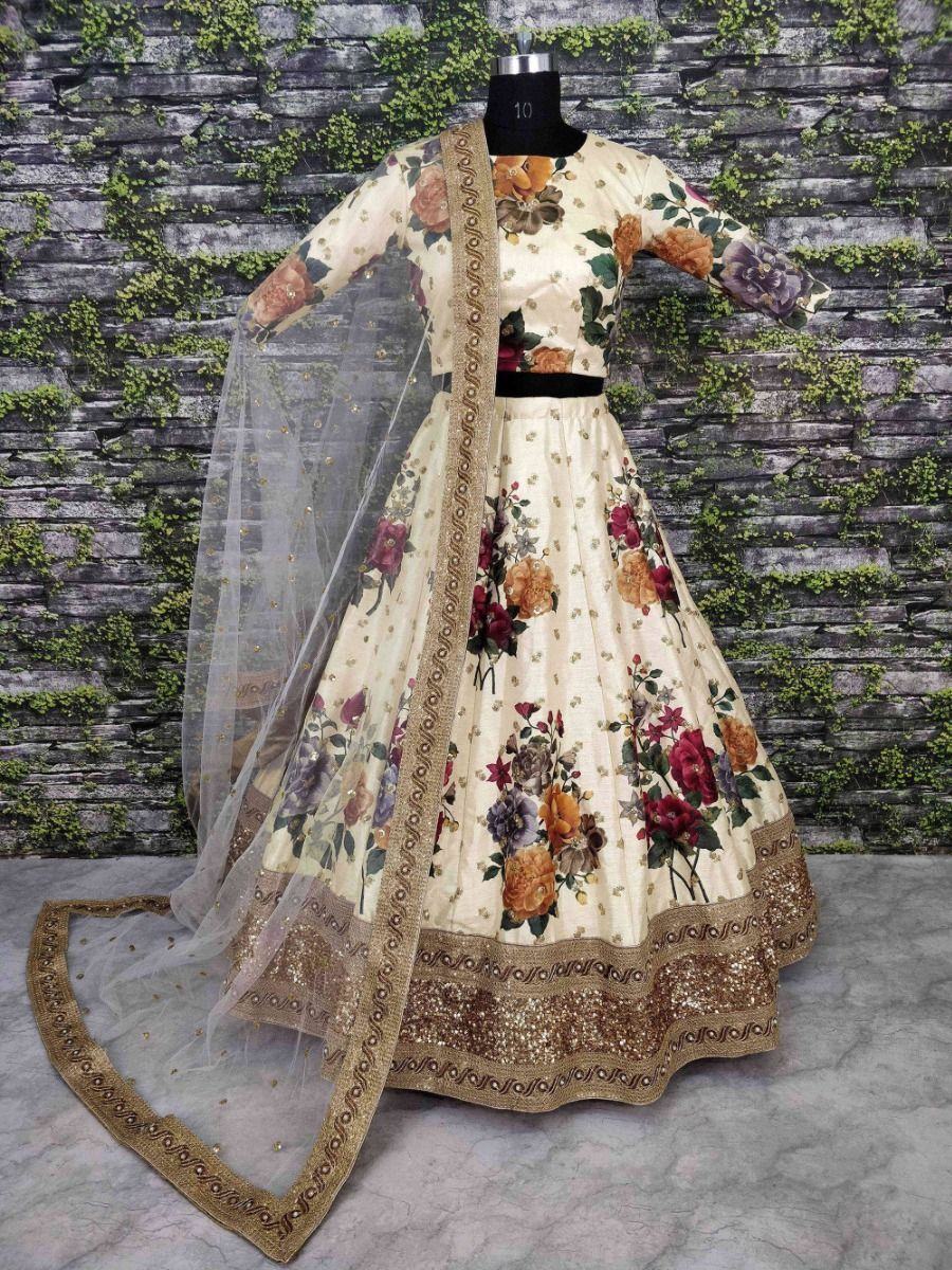 Cream & Printed Semi-Stitched Myntra Lehenga & Unstitched Blouse with Dupatta